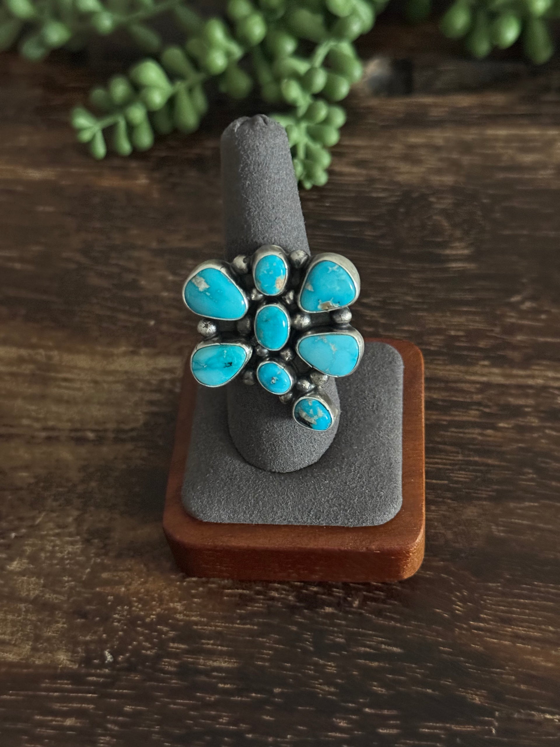 Travis Jim Blue Ridge Turquoise & Sterling Silver Adjustable Dragonfly Cluster Ring