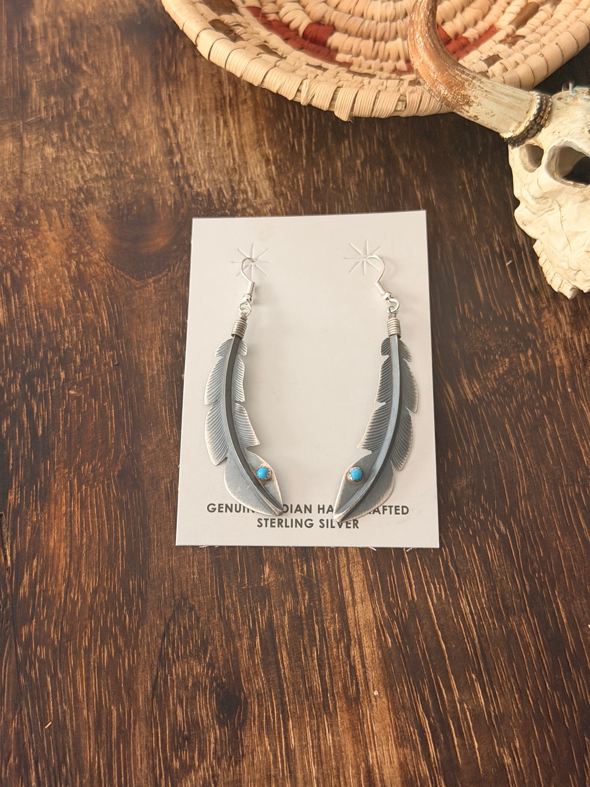 Billy Long Kingman Turquoise & Sterling Silver Dangle Feather Earrings