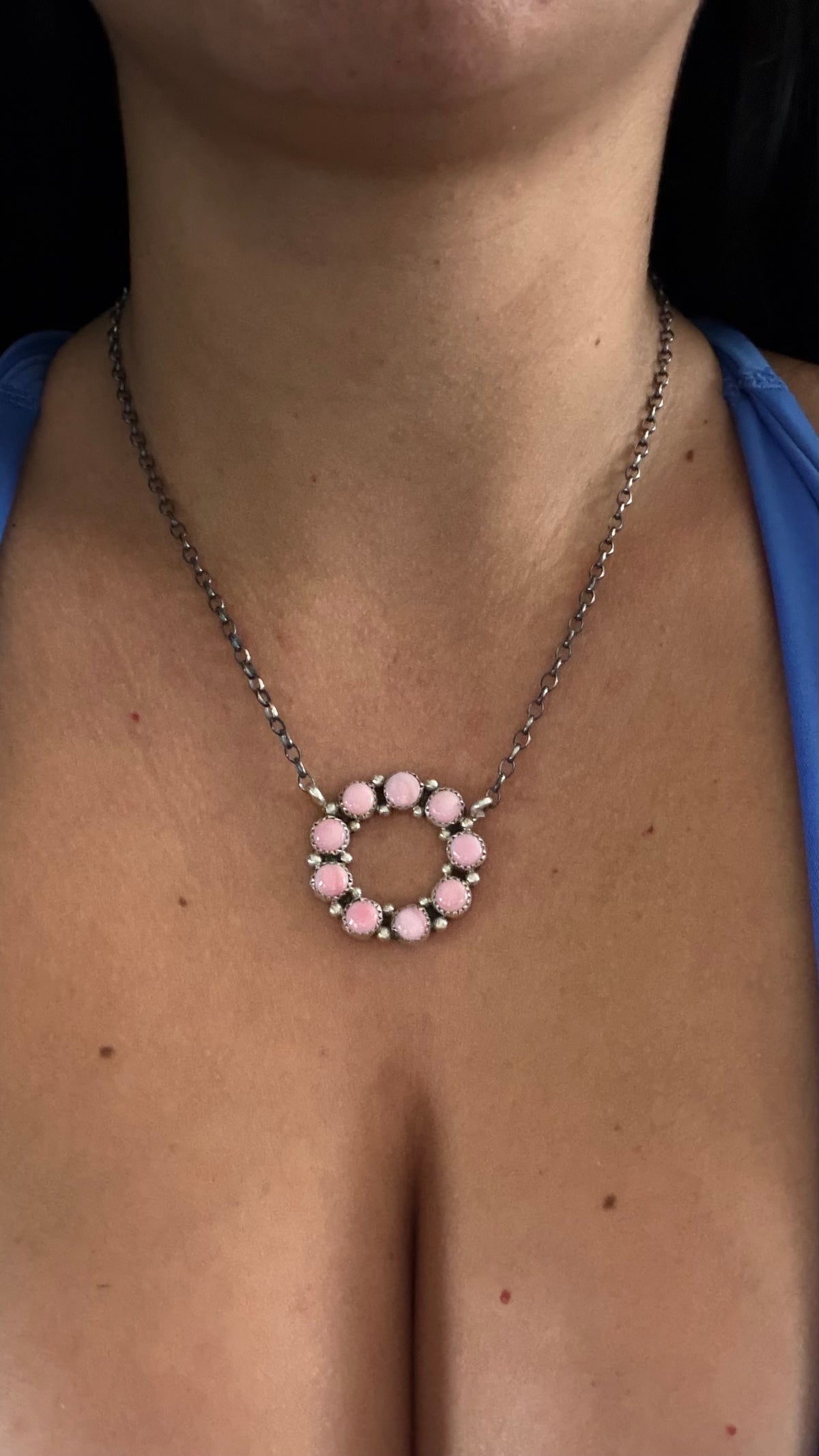 Navajo Made Pink Conch & Sterling Silver Cluster Necklace