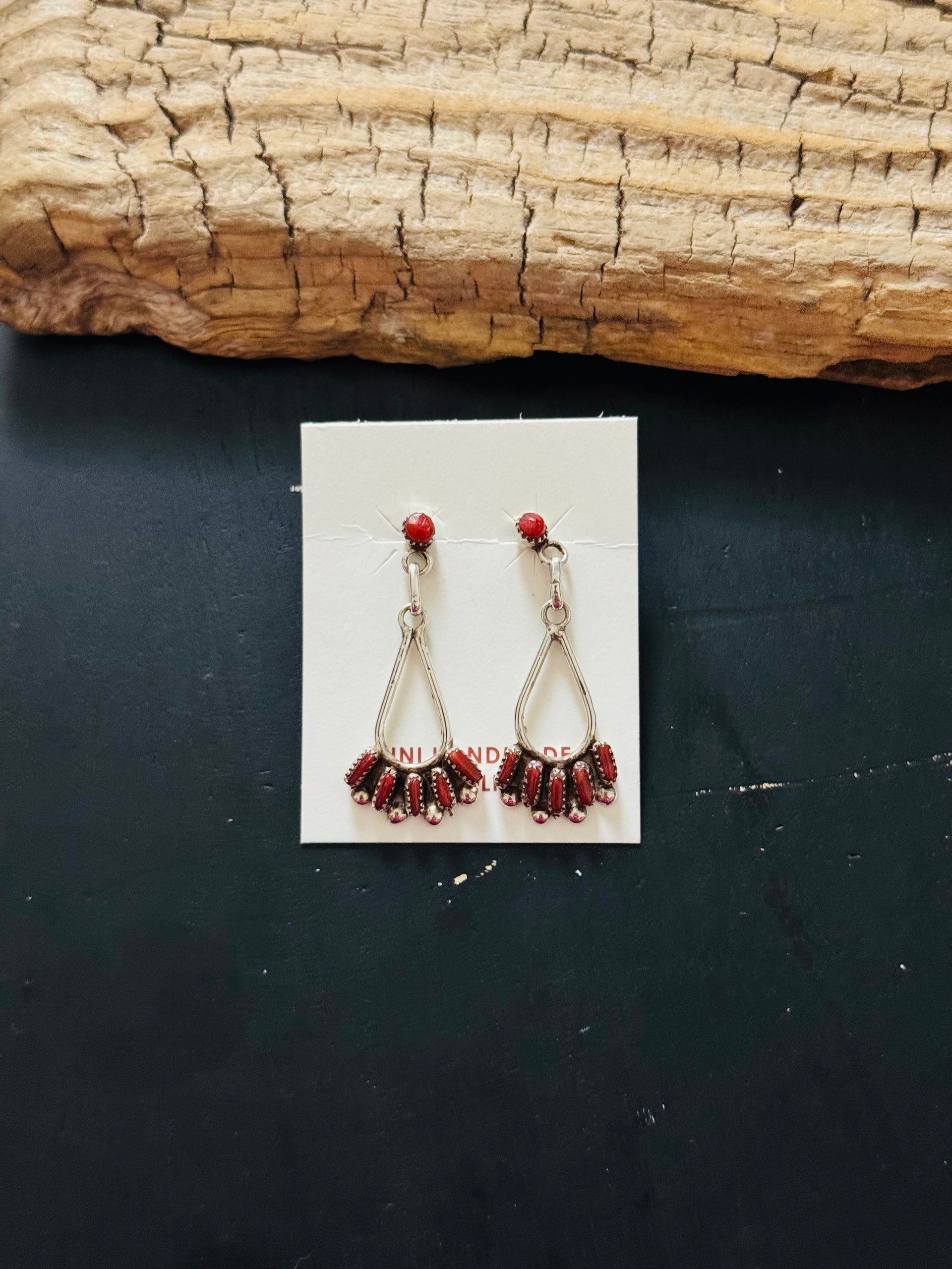 Zuni Made Red Coral & Sterling Silver Post Dangle Earrings