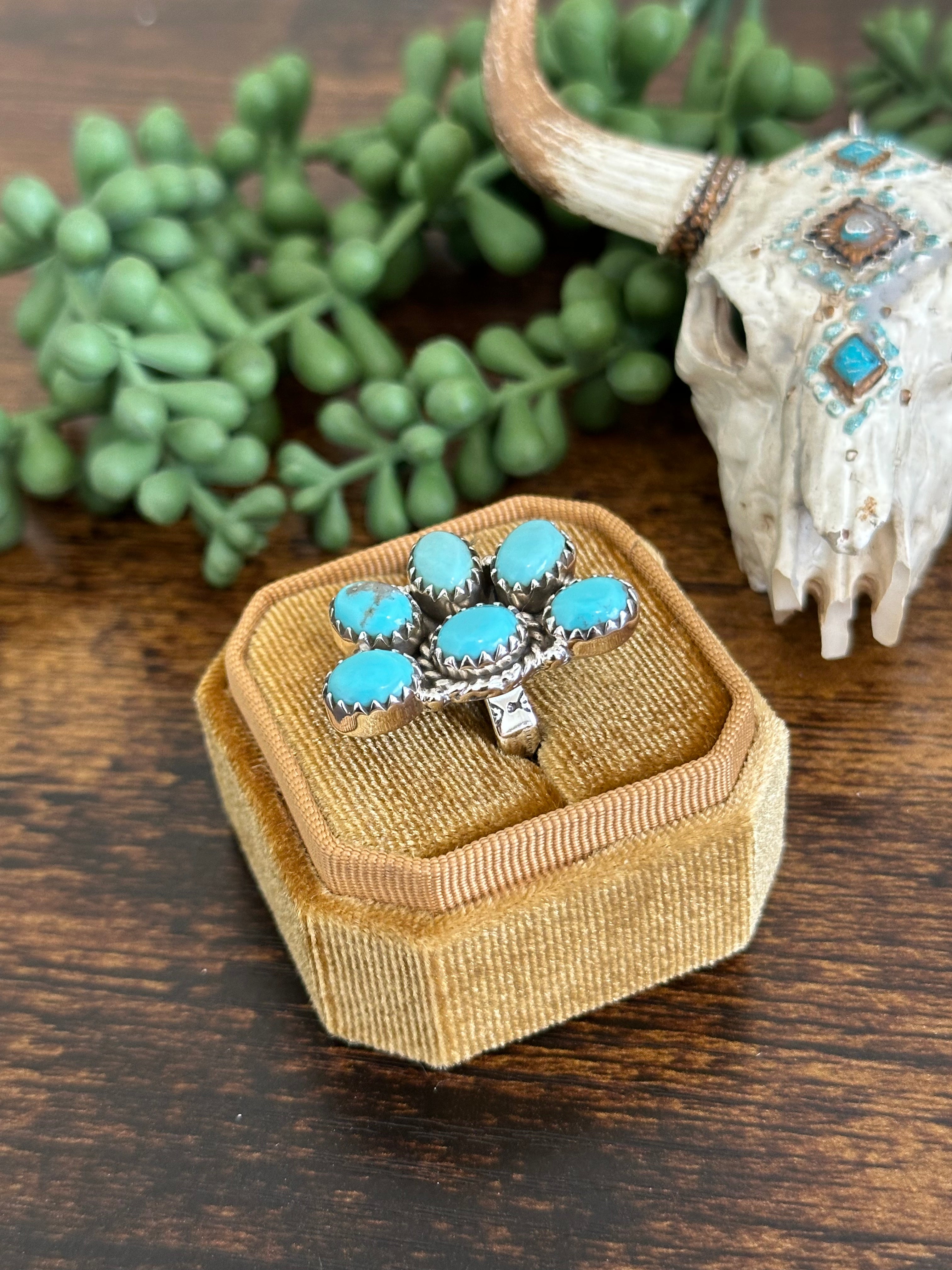 Southwest Handmade Kingman Turquoise & Sterling Silver Adjustable Cluster Ring