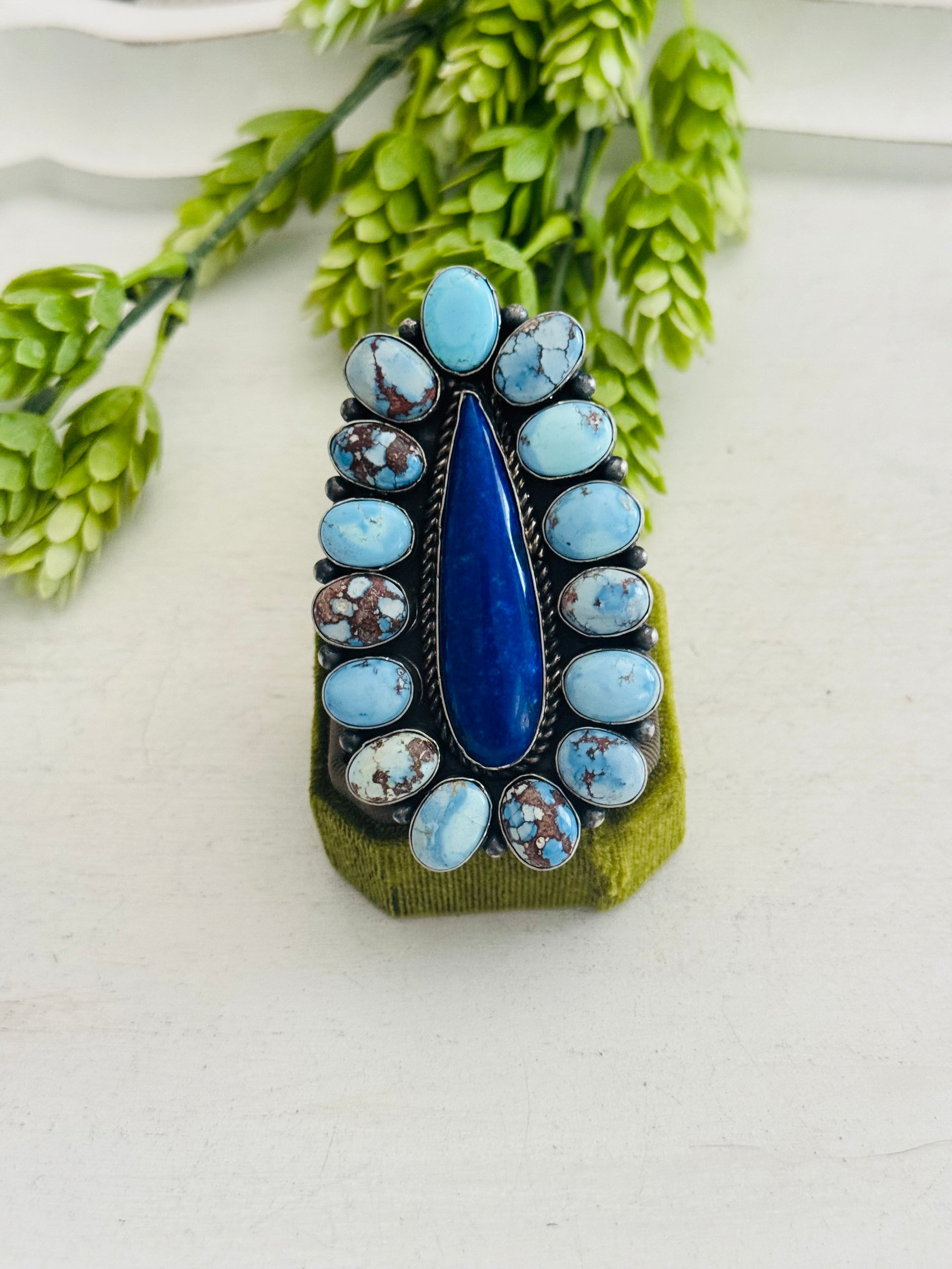 Navajo Made Multi Stone & Sterling Silver Adjustable Cluster Ring