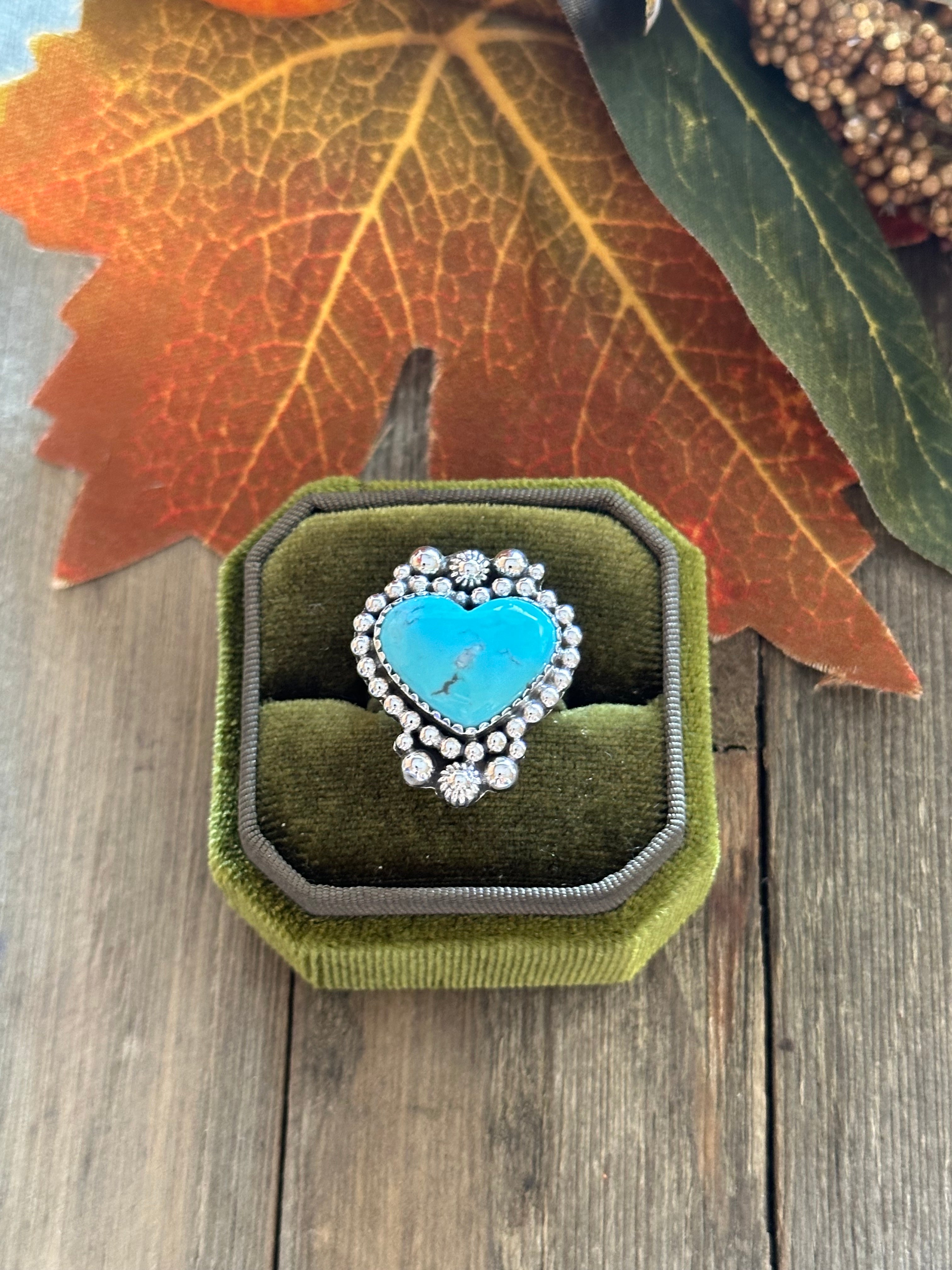 Southwest Handmade Kingman Turquoise & Sterling Silver Heart Ring