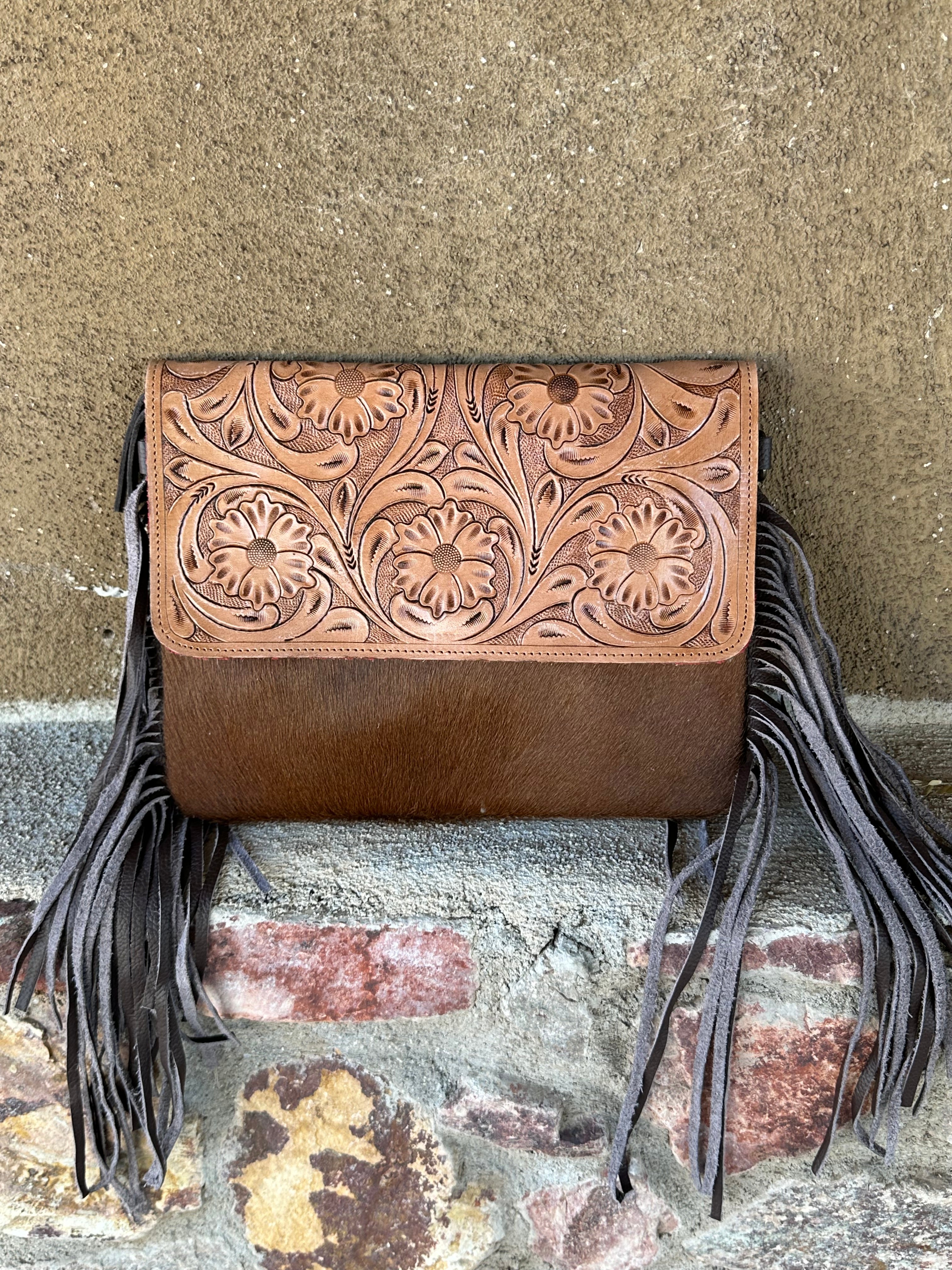 Genuine Tooled Leather & Cowhide FringePurse