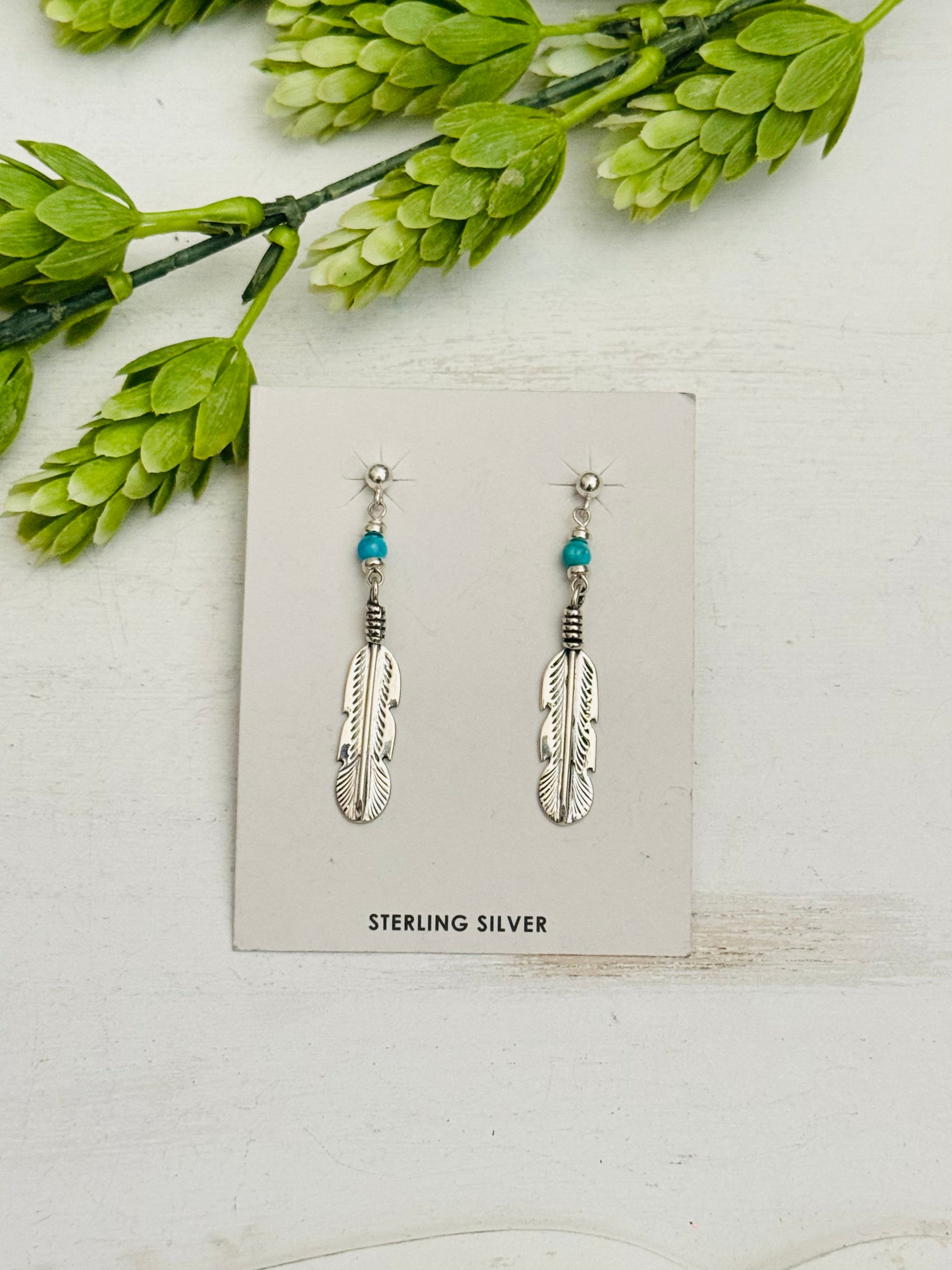 Navajo Made Kingman Turquoise & Sterling Silver Post Dangle Feather Earrings