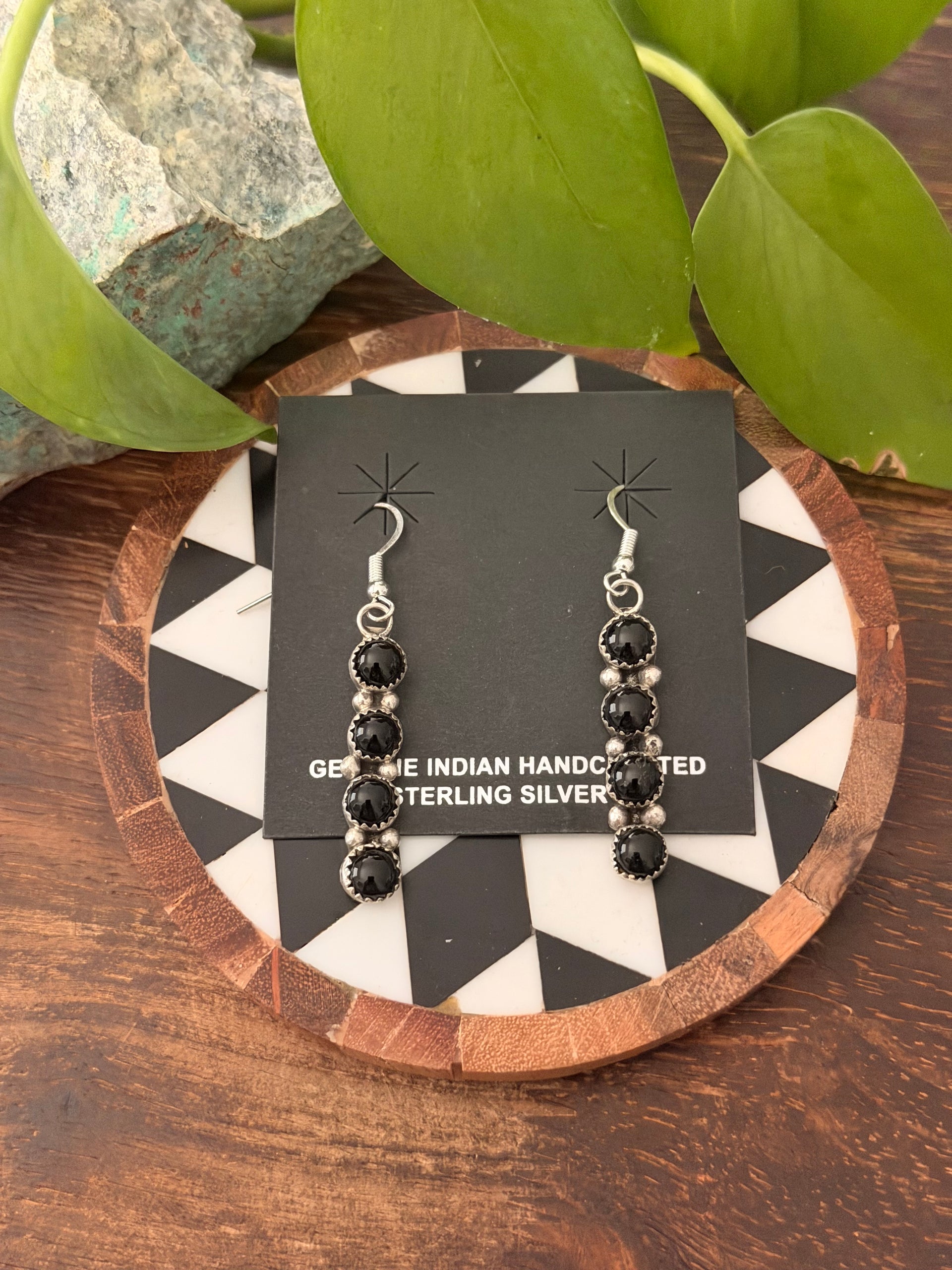Navajo Made Onyx & Sterling Silver Cluster Dangle Earrings