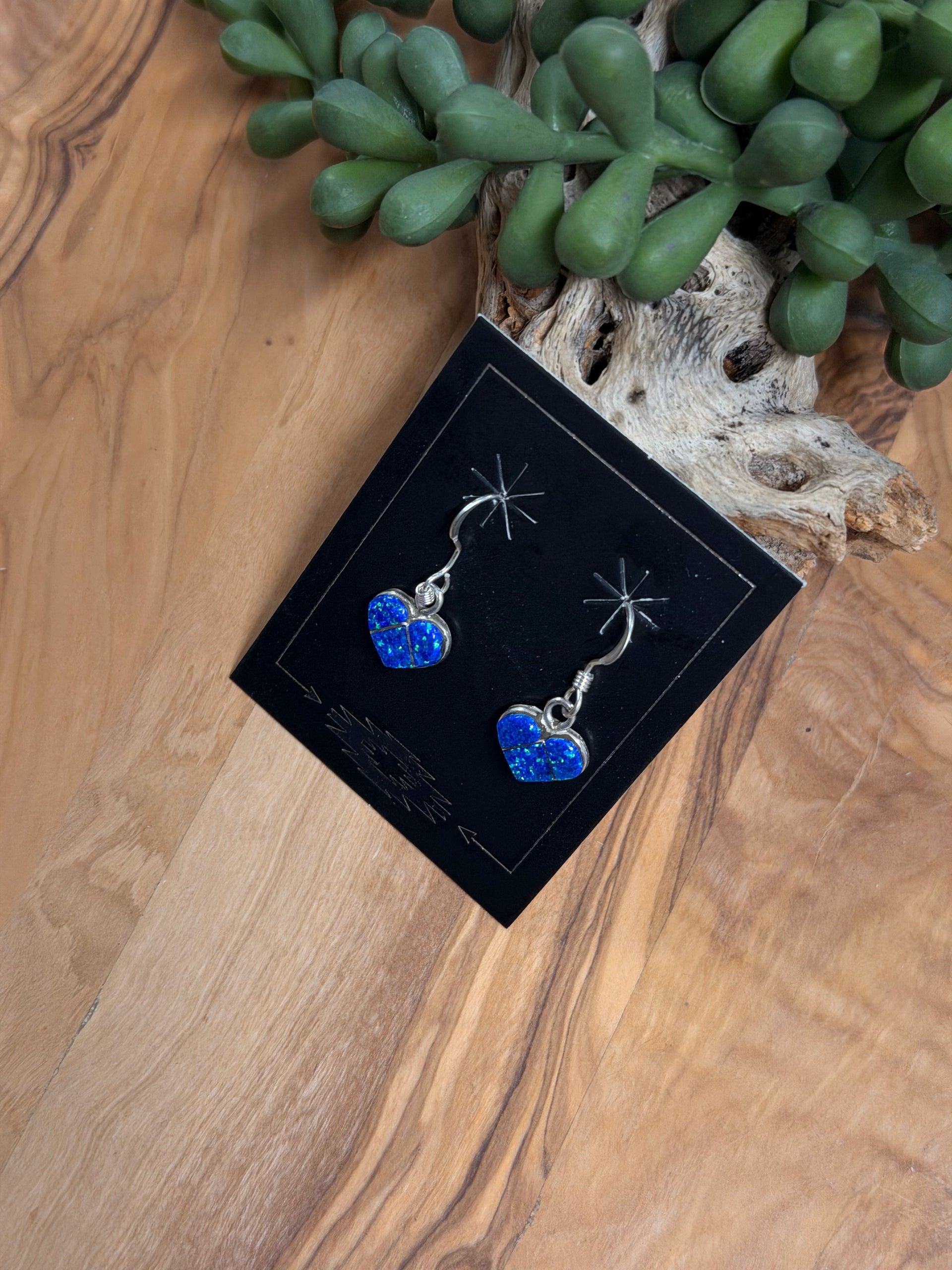 Zuni Made Opal (Man Made) & Sterling Silver Dangle Heart Earrings