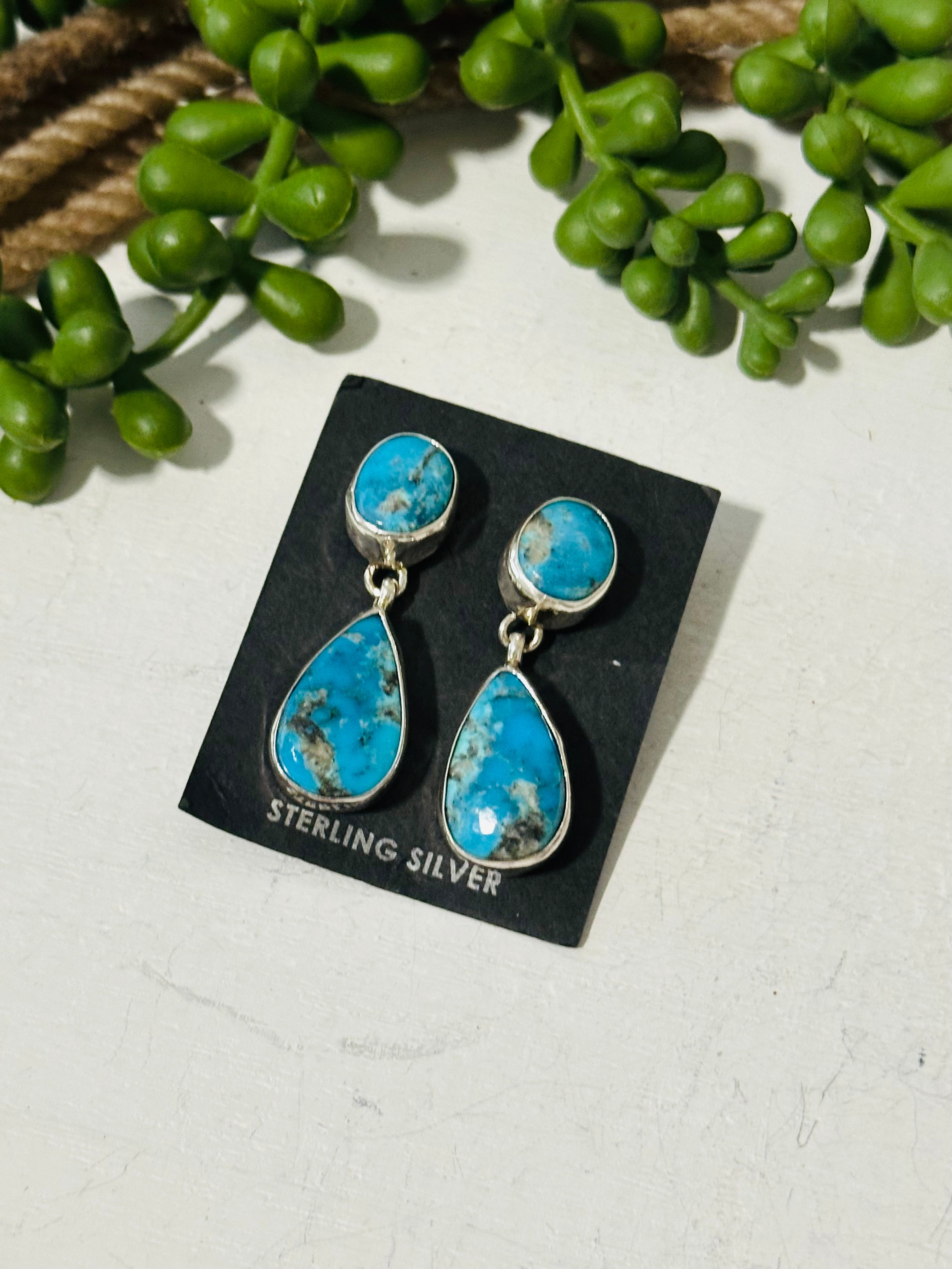 Navajo Handmade Kingman Turquoise & Sterling Silver Post Dangle Earrings