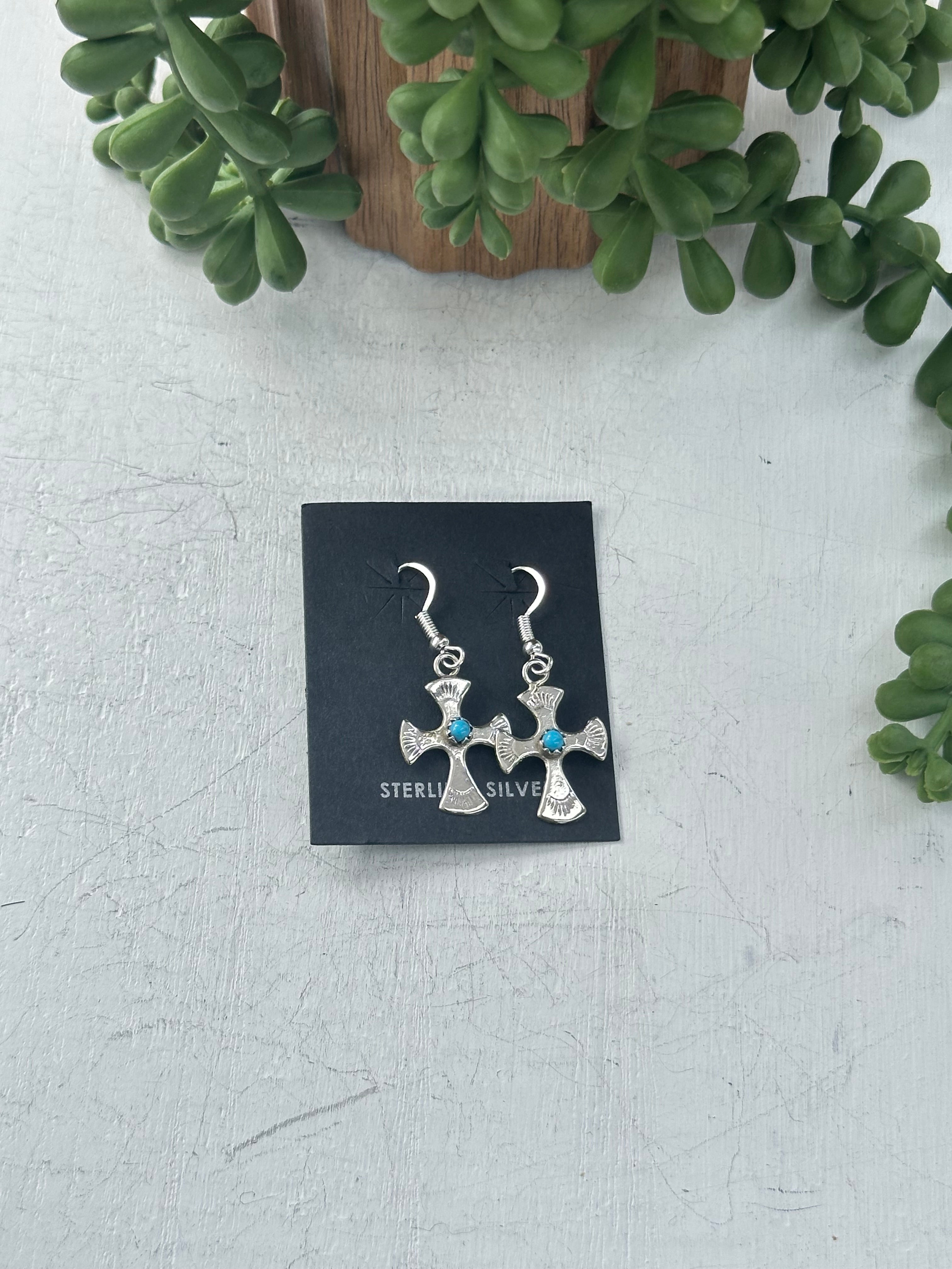 Navajo Made Kingman Turquoise & Sterling Silver Cross Dangle Earrings