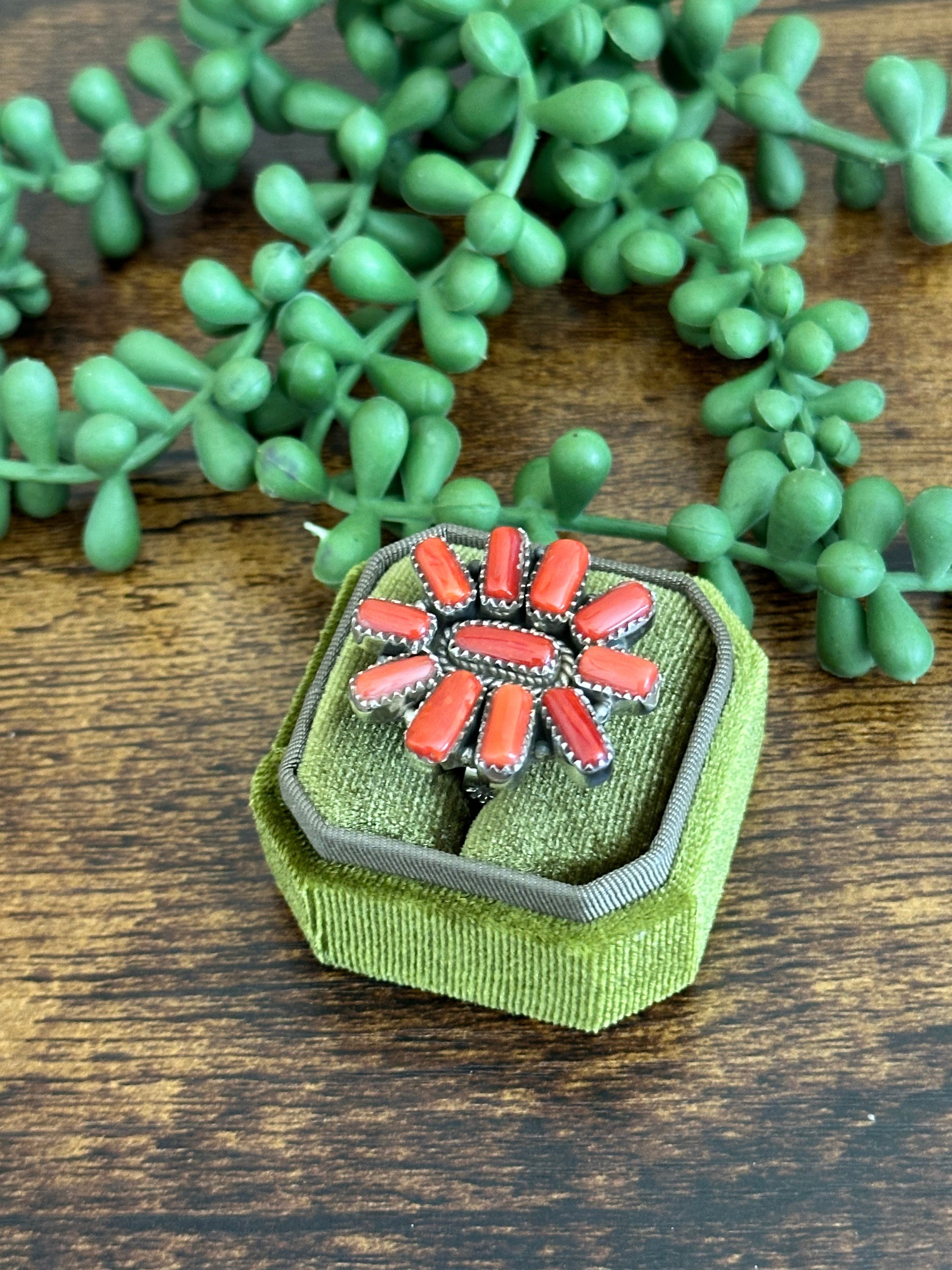 Southwest Handmade Mediterranean Coral & Sterling Silver Adjustable Ring