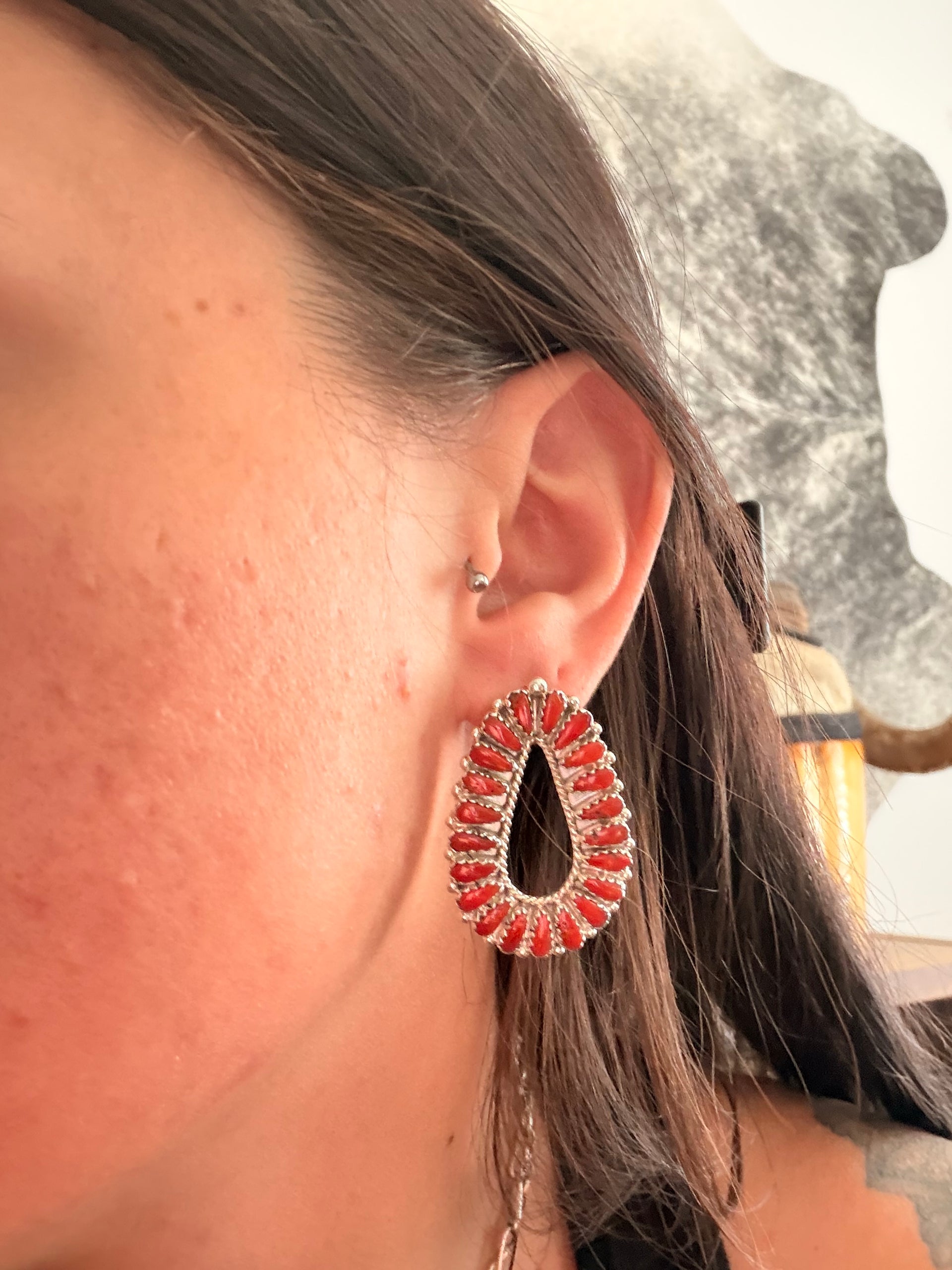 Navajo Made Mediterranean Coral & Sterling Silver Post Dangle Cluster Earrings