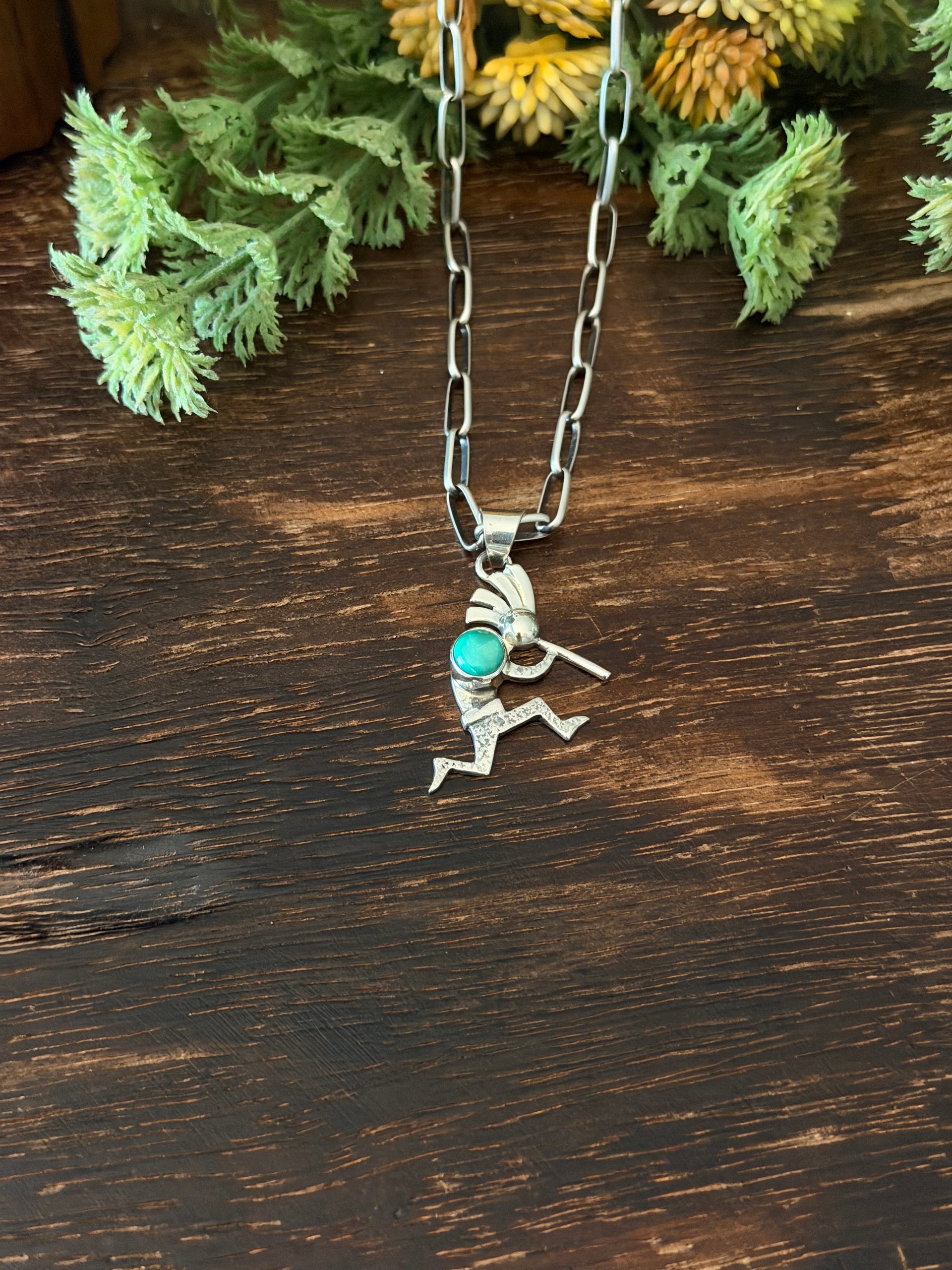 Navajo Made Sonoran Gold Turquoise  & Sterling Silver Kokopelli Pendant