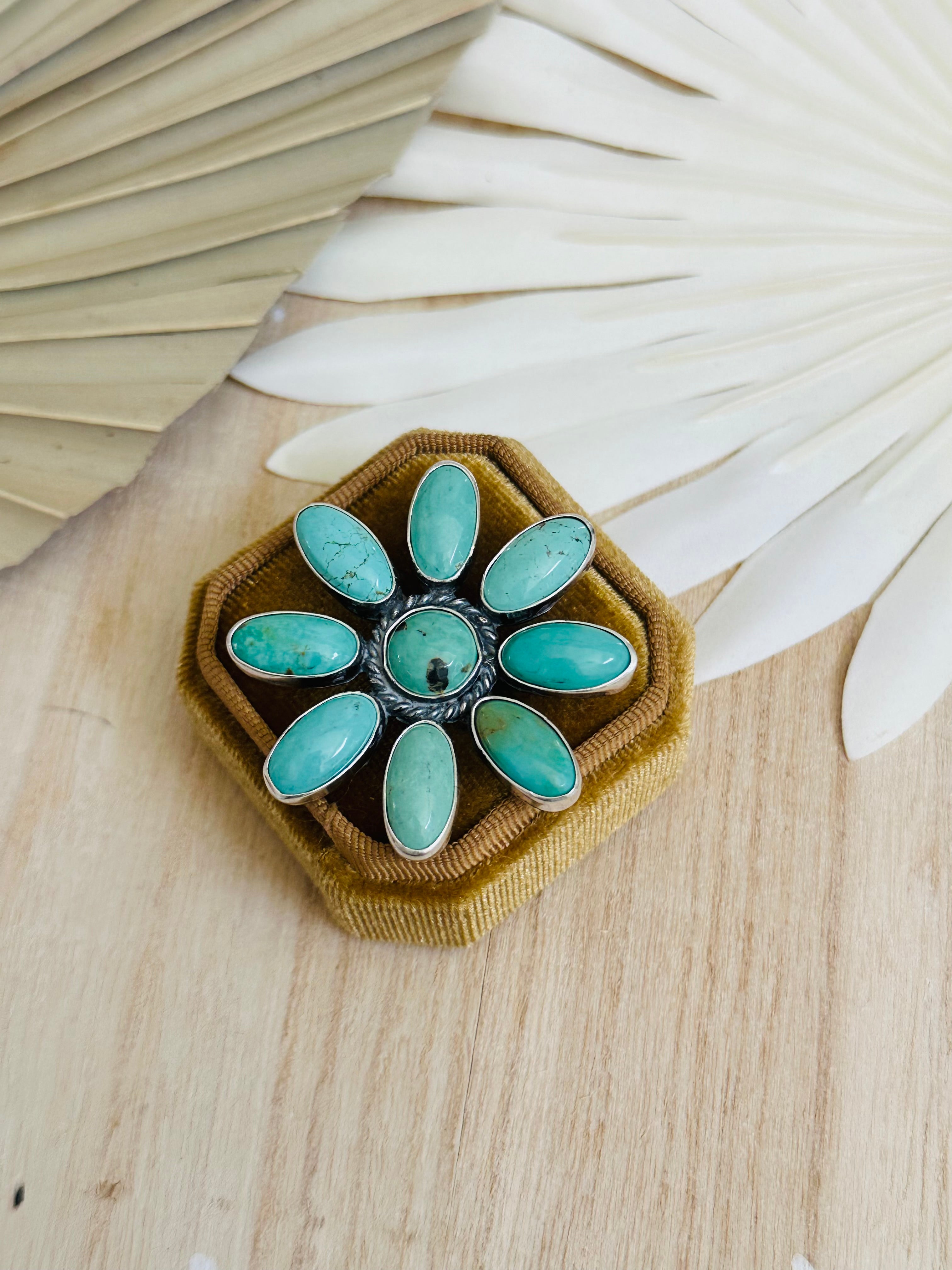 Navajo Made Kingman Turquoise & Sterling Silver Adjustable Cluster Ring