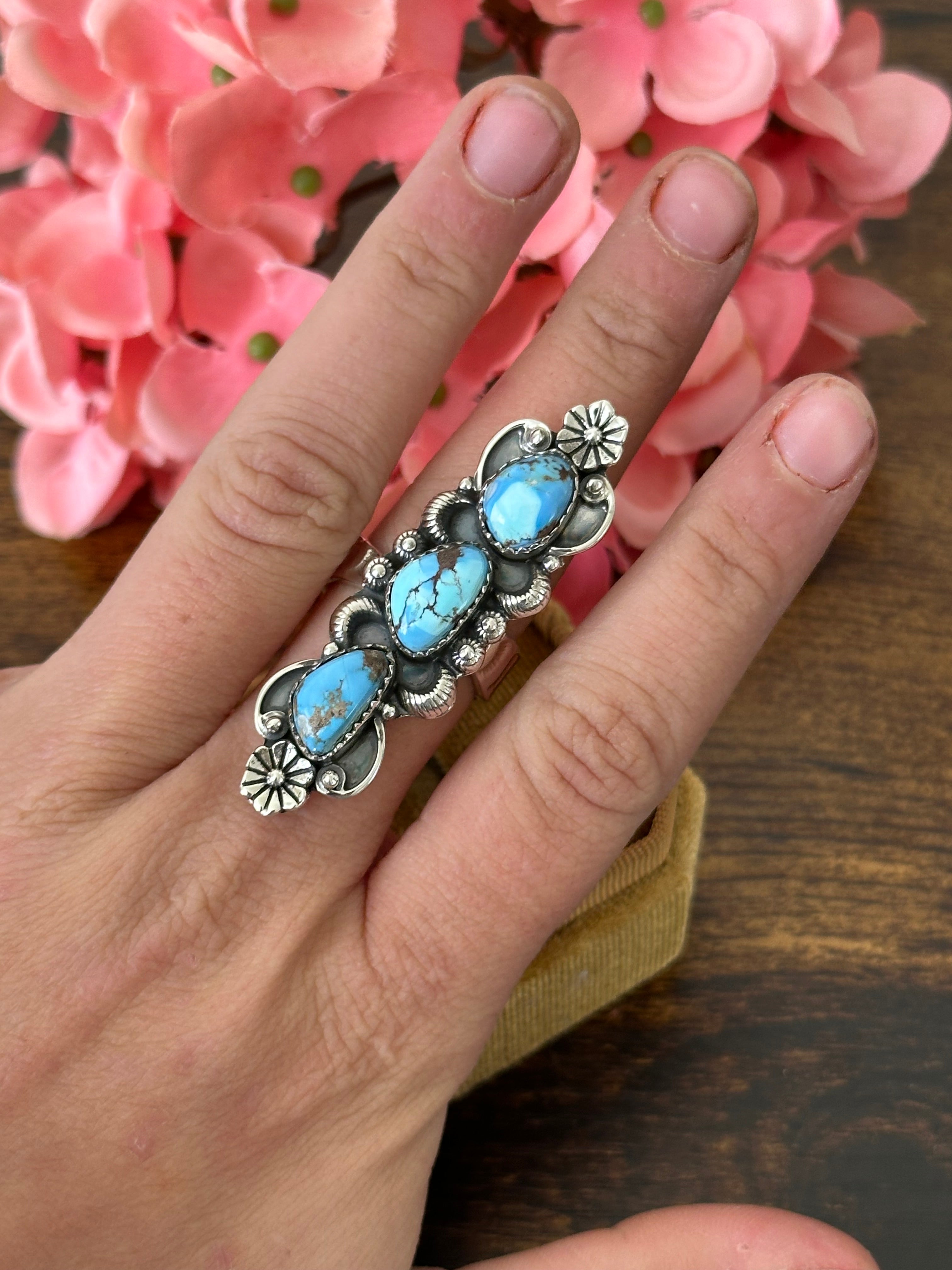 Southwest Handmade Golden Hills Turquoise & Sterling Silver Cluster Adjustable Ring