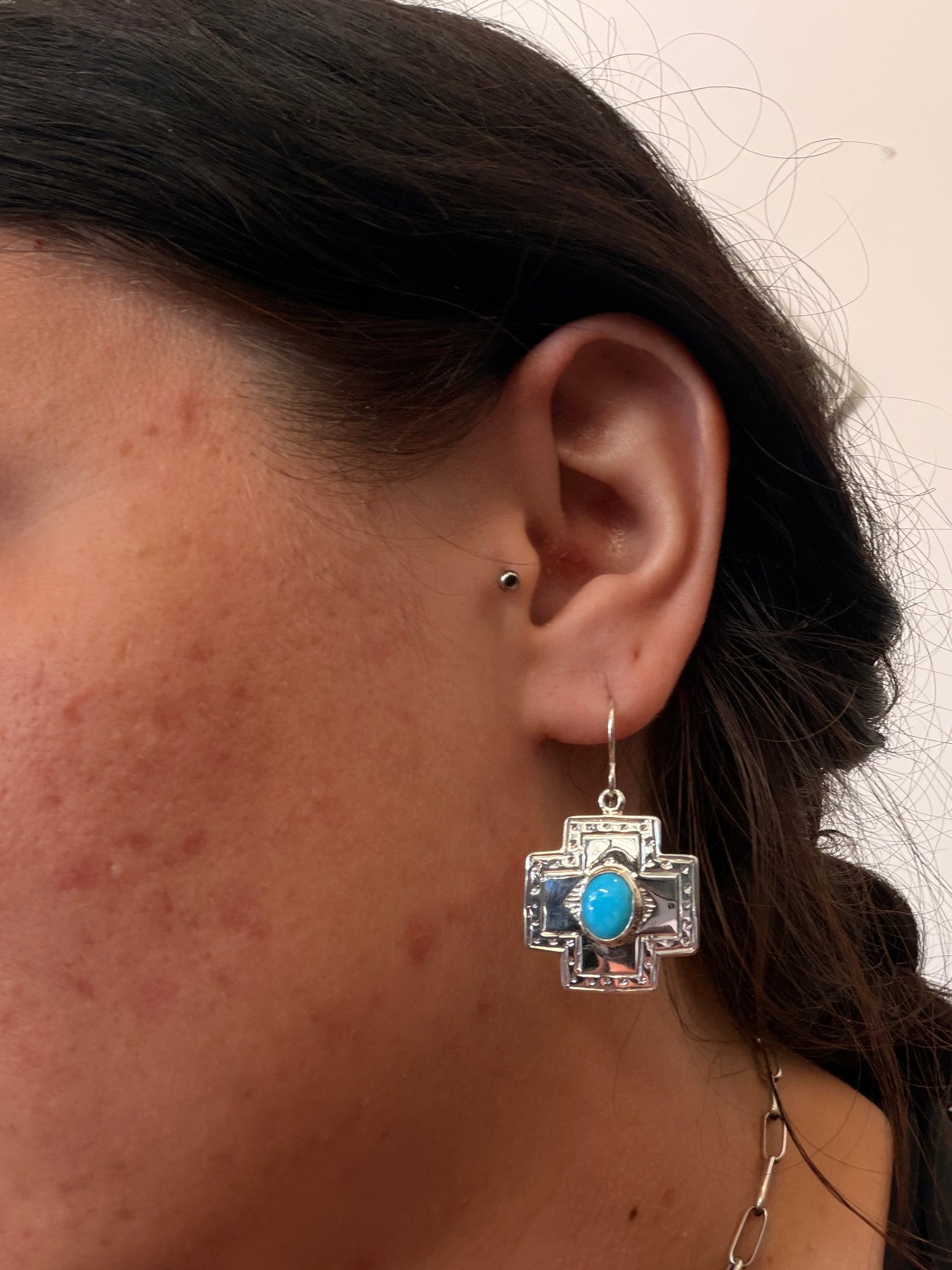 Navajo Made Kingman Turquoise & Sterling Silver Dangle Earrings