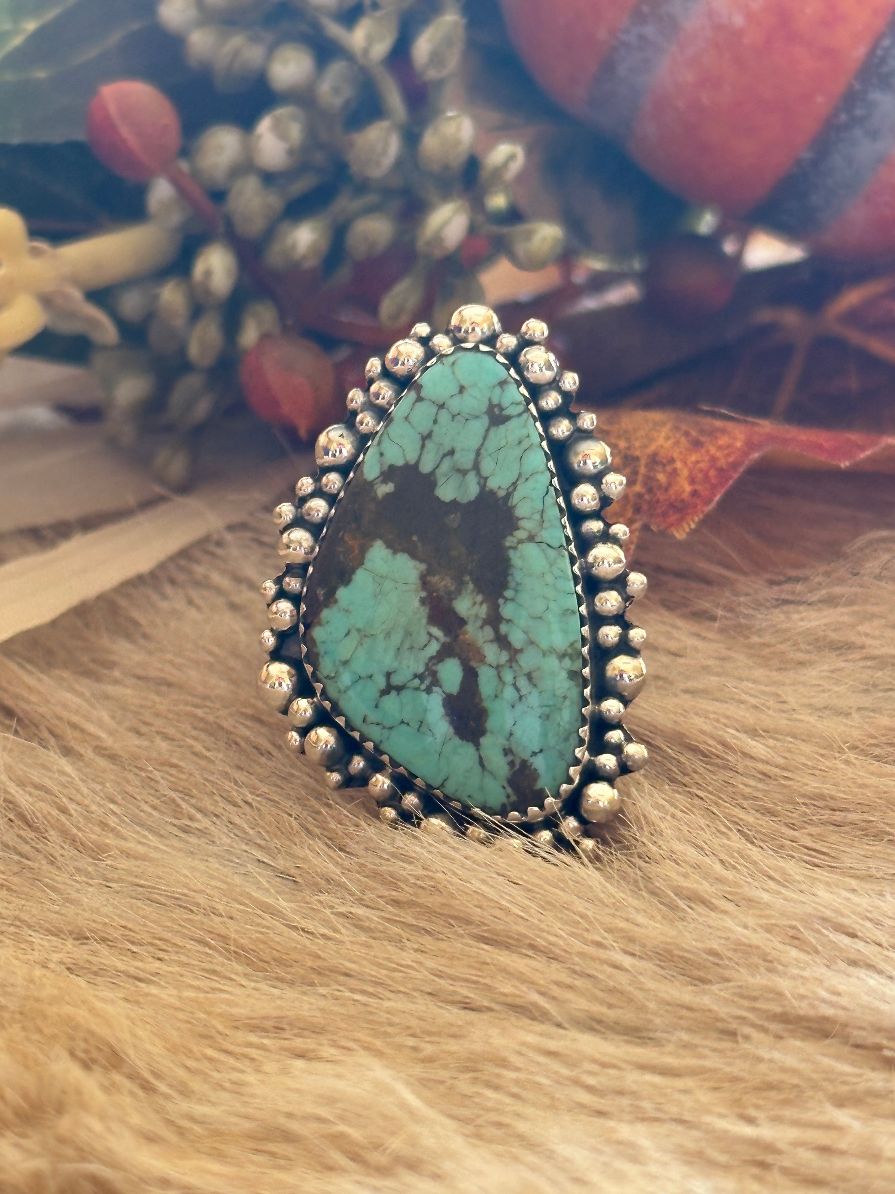 Southwest Handmade #8 Turquoise & Sterling Silver Adjustable Ring