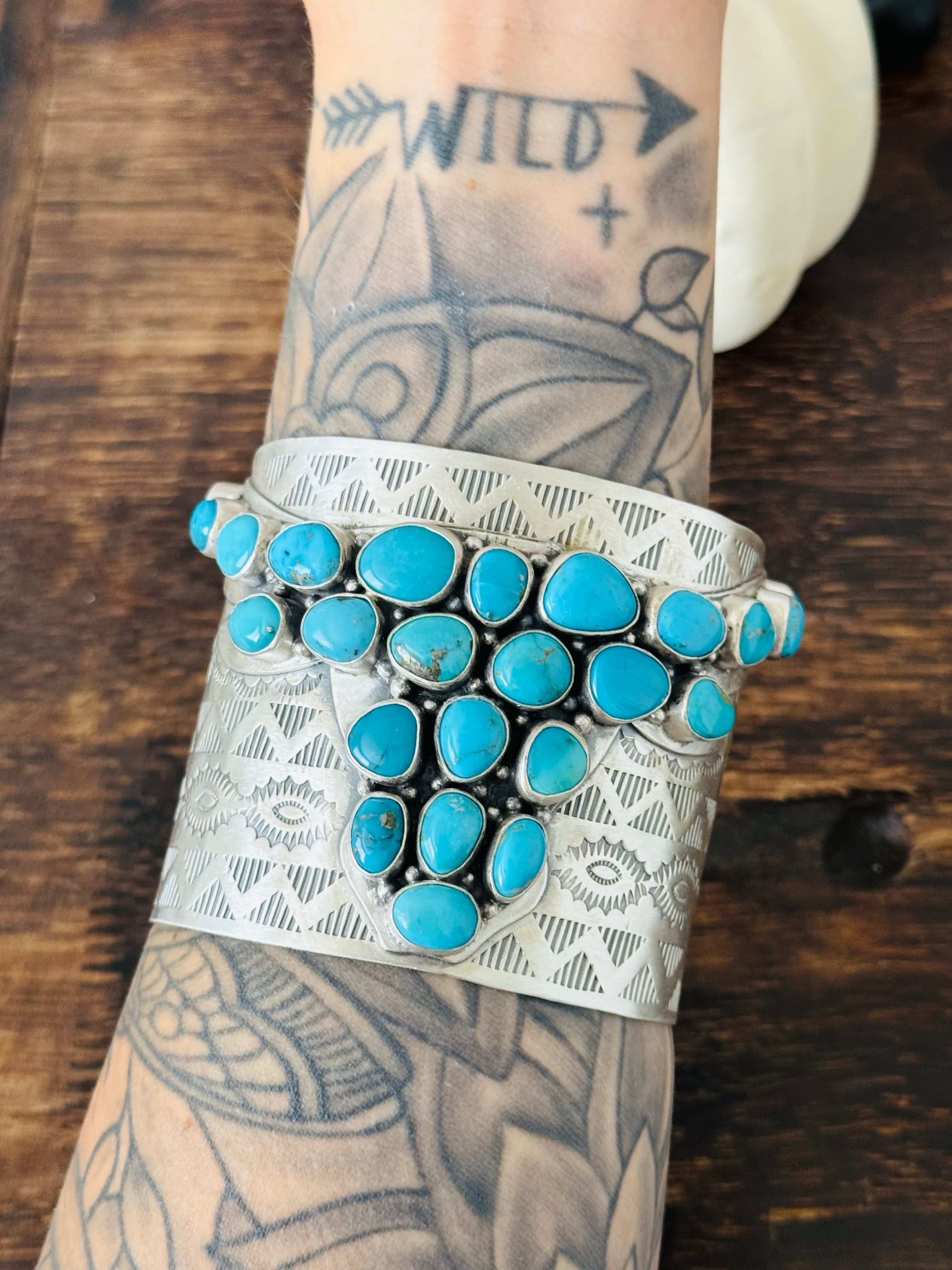 Navajo Made Kingman Turquoise & Sterling Silver Bull Cluster Cuff Bracelet