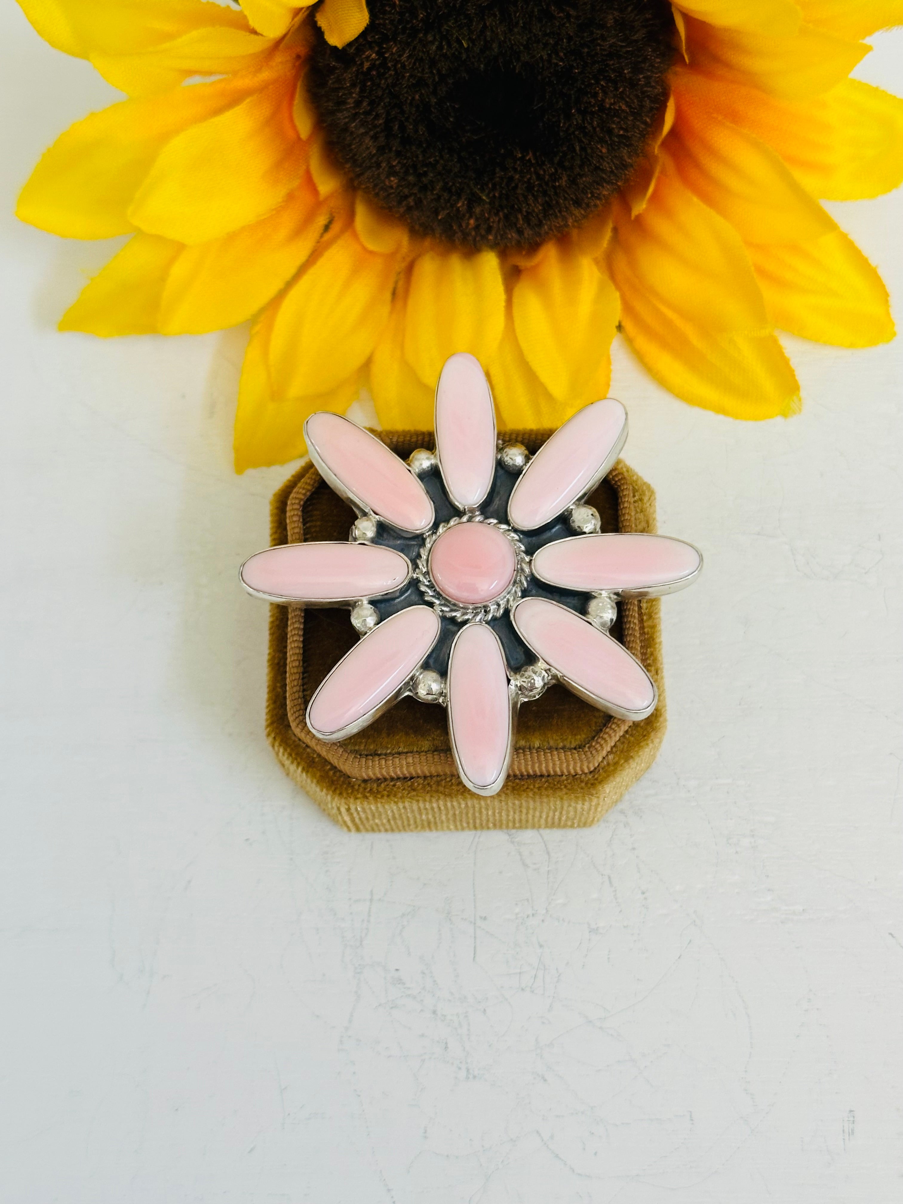 Navajo Made Pink Conch & Sterling Silver Adjustable Ring