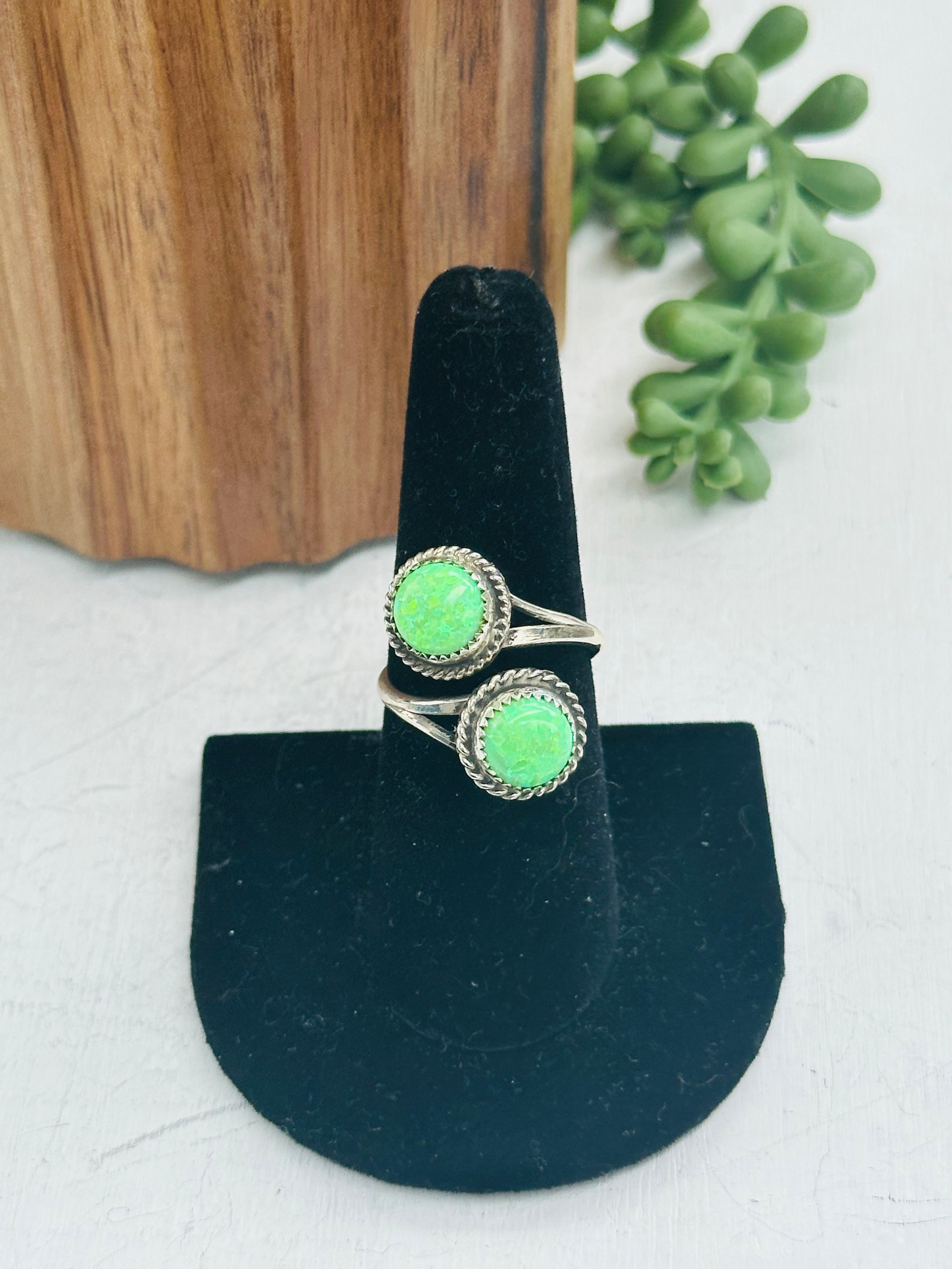 Navajo Made Green Opal & Sterling Silver Adjustable Ring