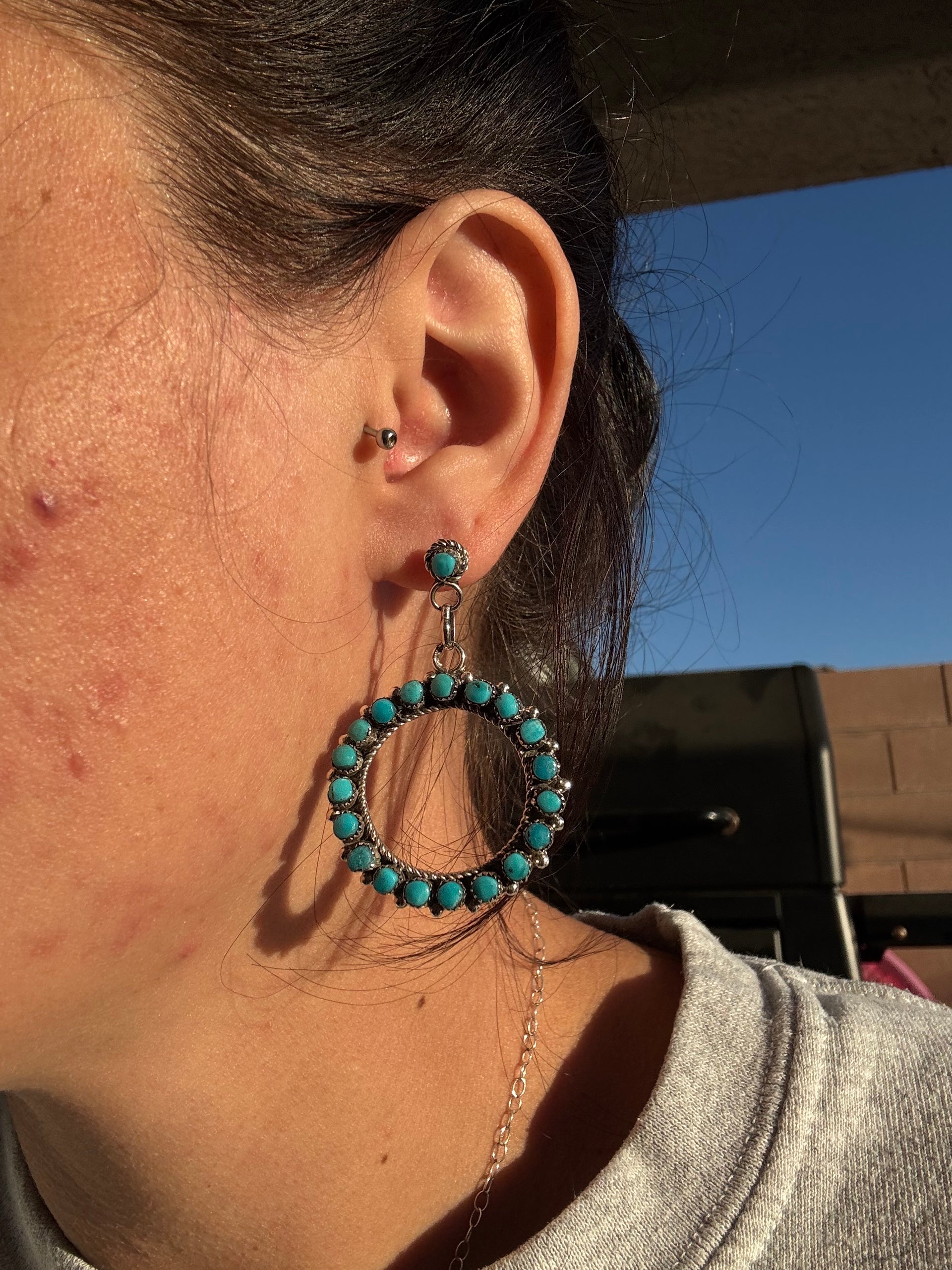 Phyllis Laati Kingman Turquoise & Sterling Silver Post Dangle Cluster Earrings