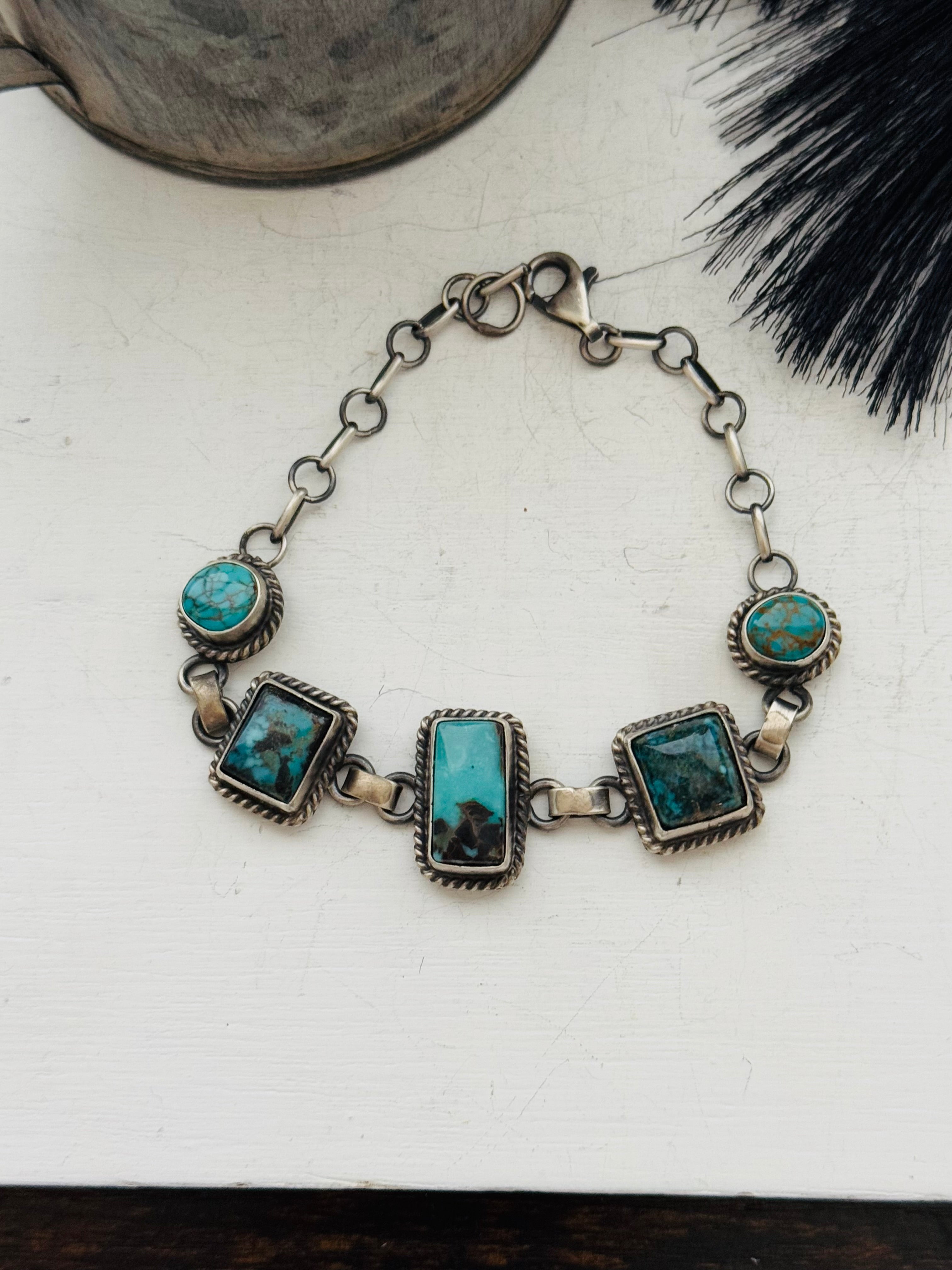 Navajo Made Thunder Mountain Turquoise & Sterling Silver Link Bracelet