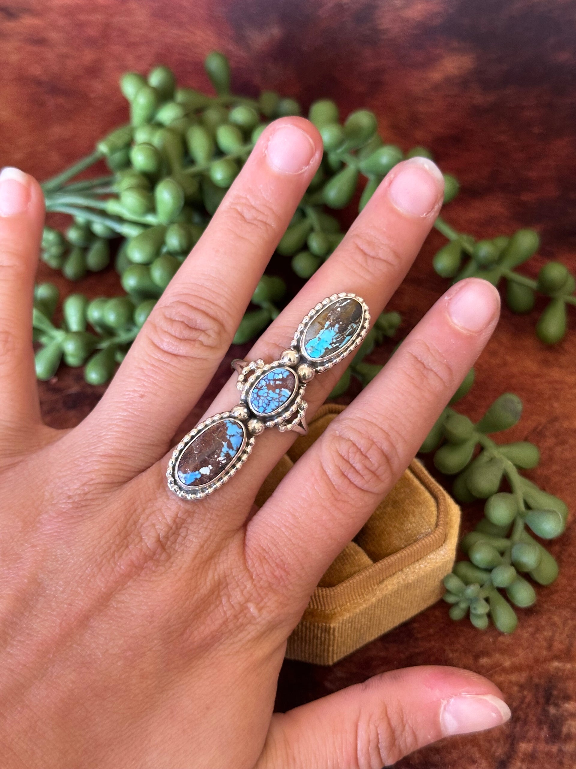 Navajo Made Golden Hills Turquoise & Sterling Silver Cluster Ring Size 8.75