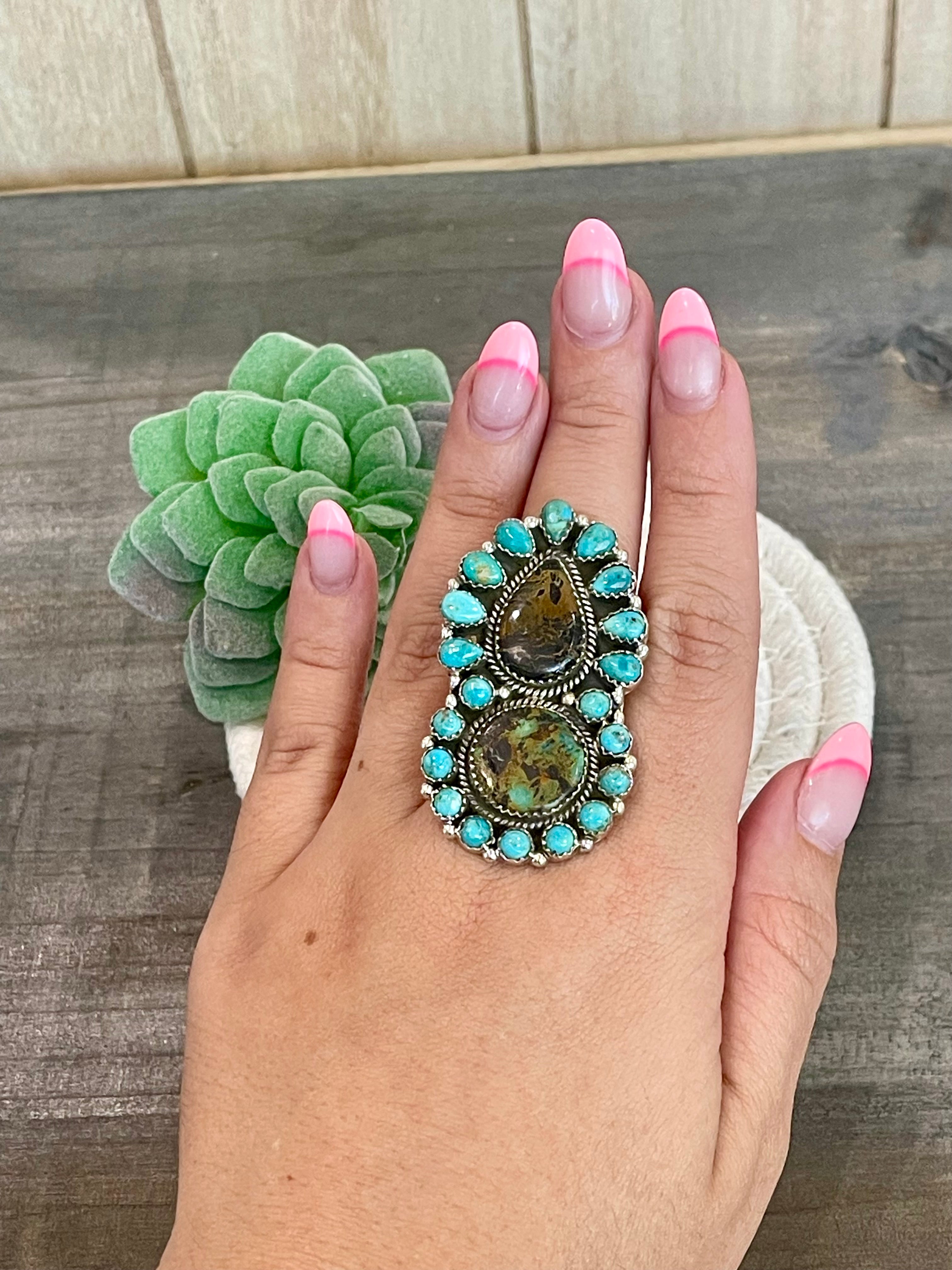 Southwest Handmade BlackJack Turquoise And Kingman Turquoise & Sterling Silver Adjustable Ring