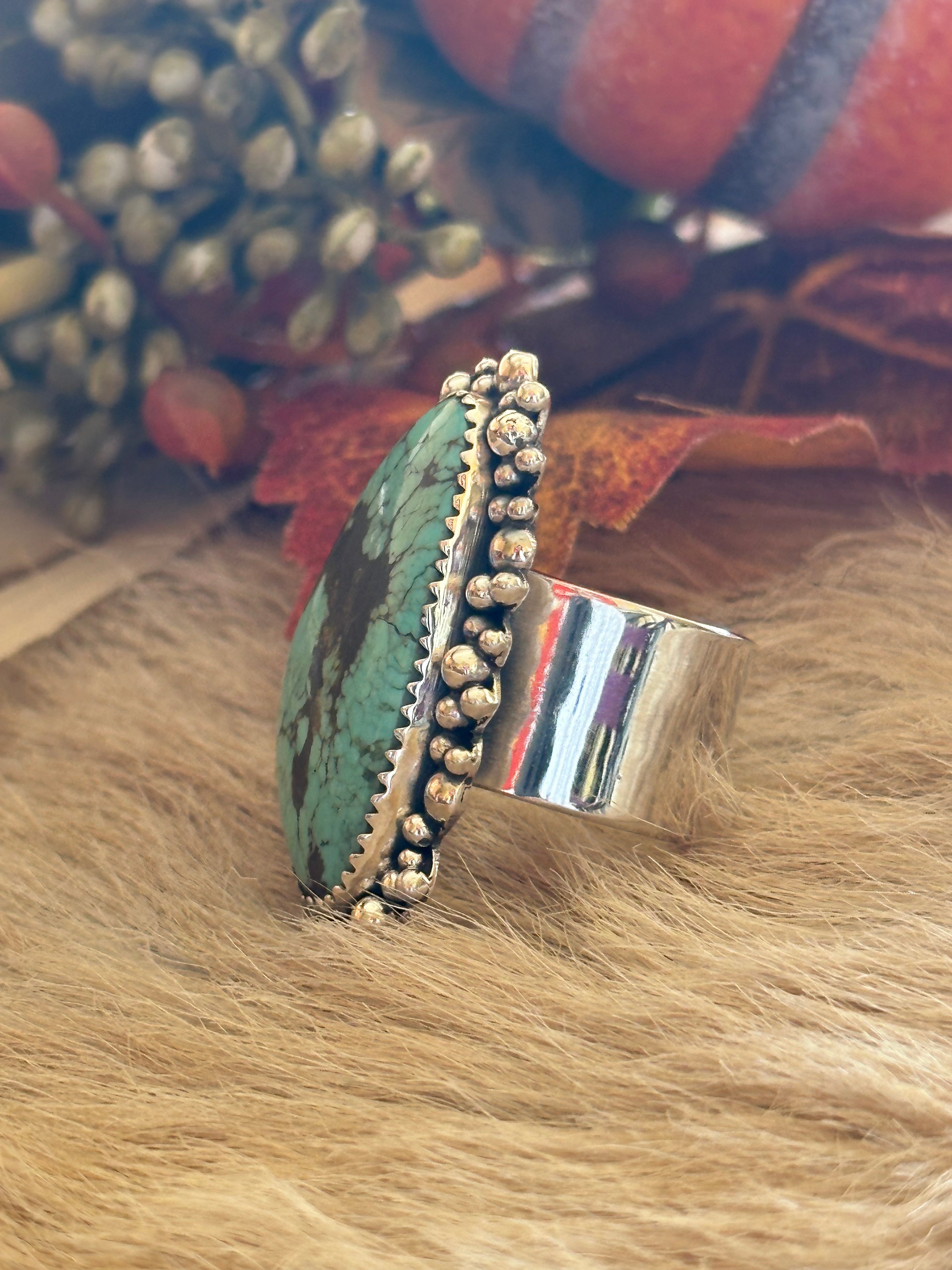 Southwest Handmade #8 Turquoise & Sterling Silver Adjustable Ring