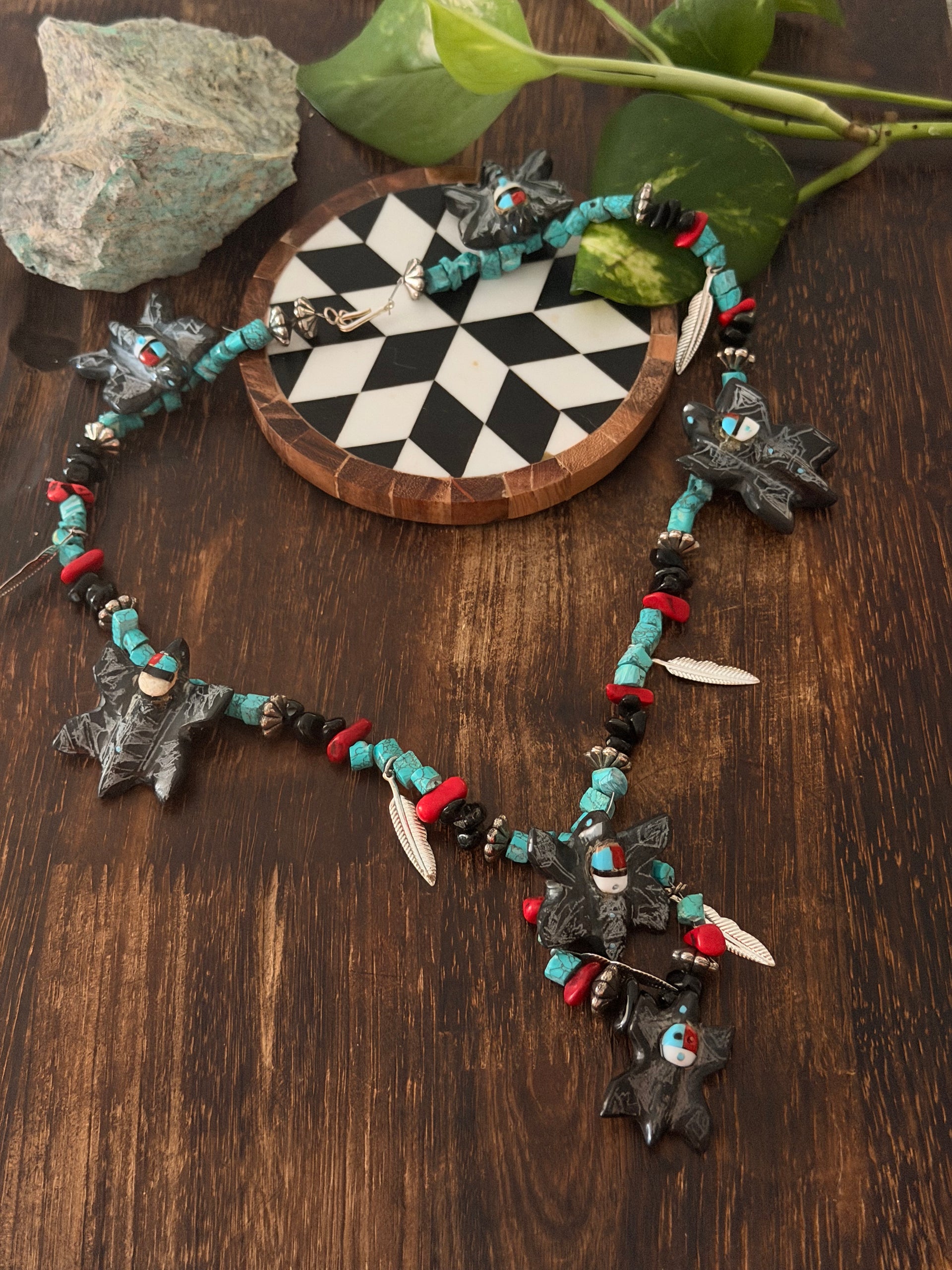 Zuni Strung Multi Stone & Sterling Silver Beaded Fetish Necklace