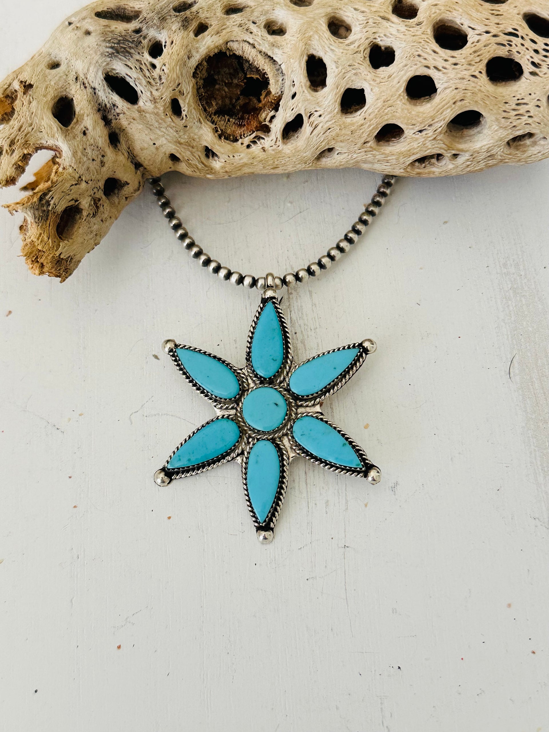Zuni Handmade Kingman Turquoise & Sterling Silver Flower Pendant
