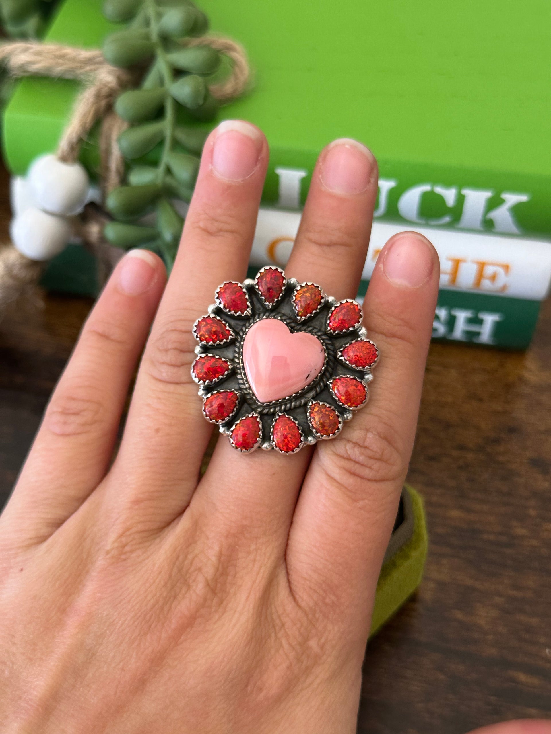 Southwest Handmade Multi Stone & Sterling Silver Adjustable Cluster Heart Ring