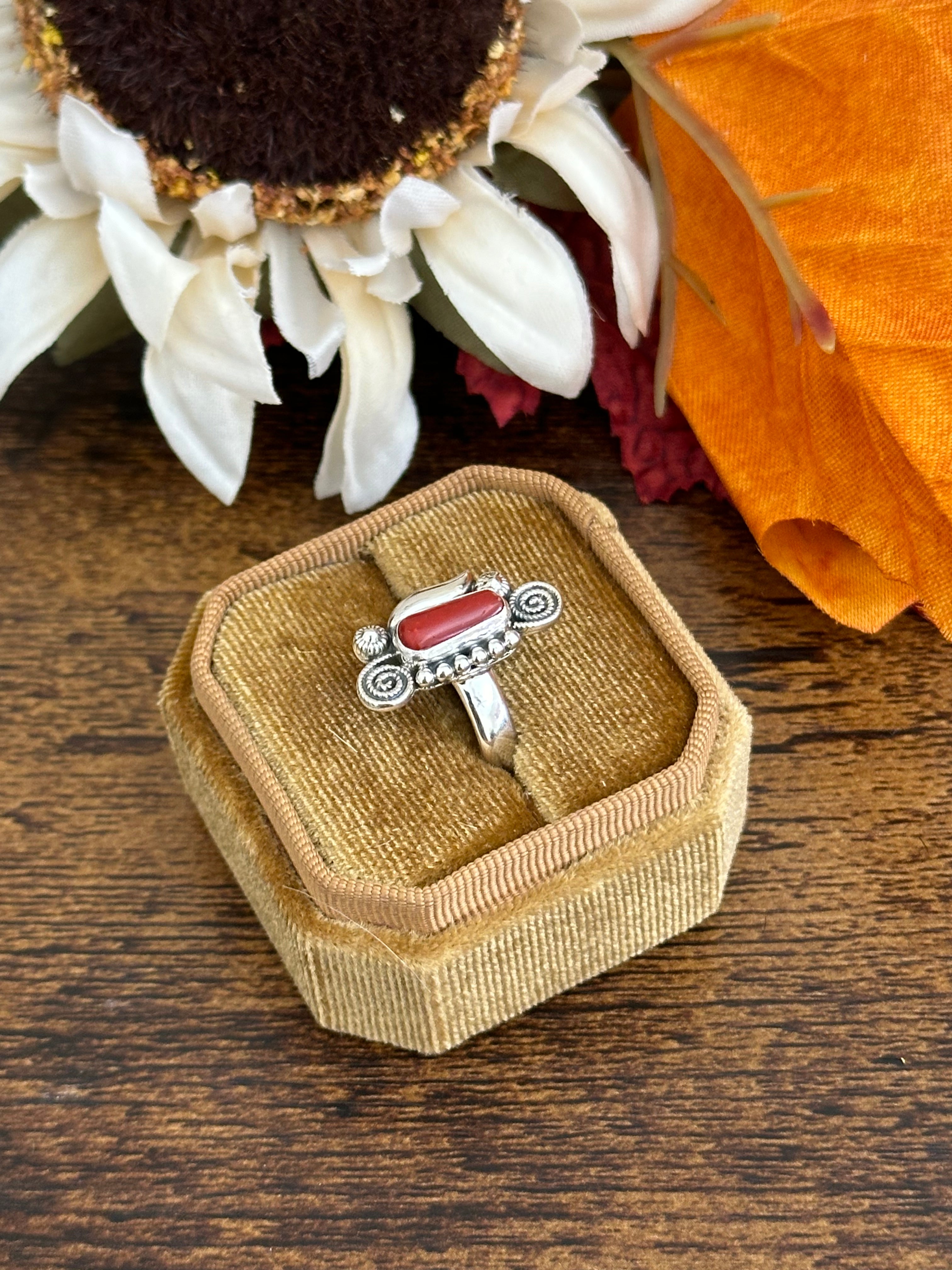 Southwest Handmade Red Coral & Sterling Silver Adjustable Ring