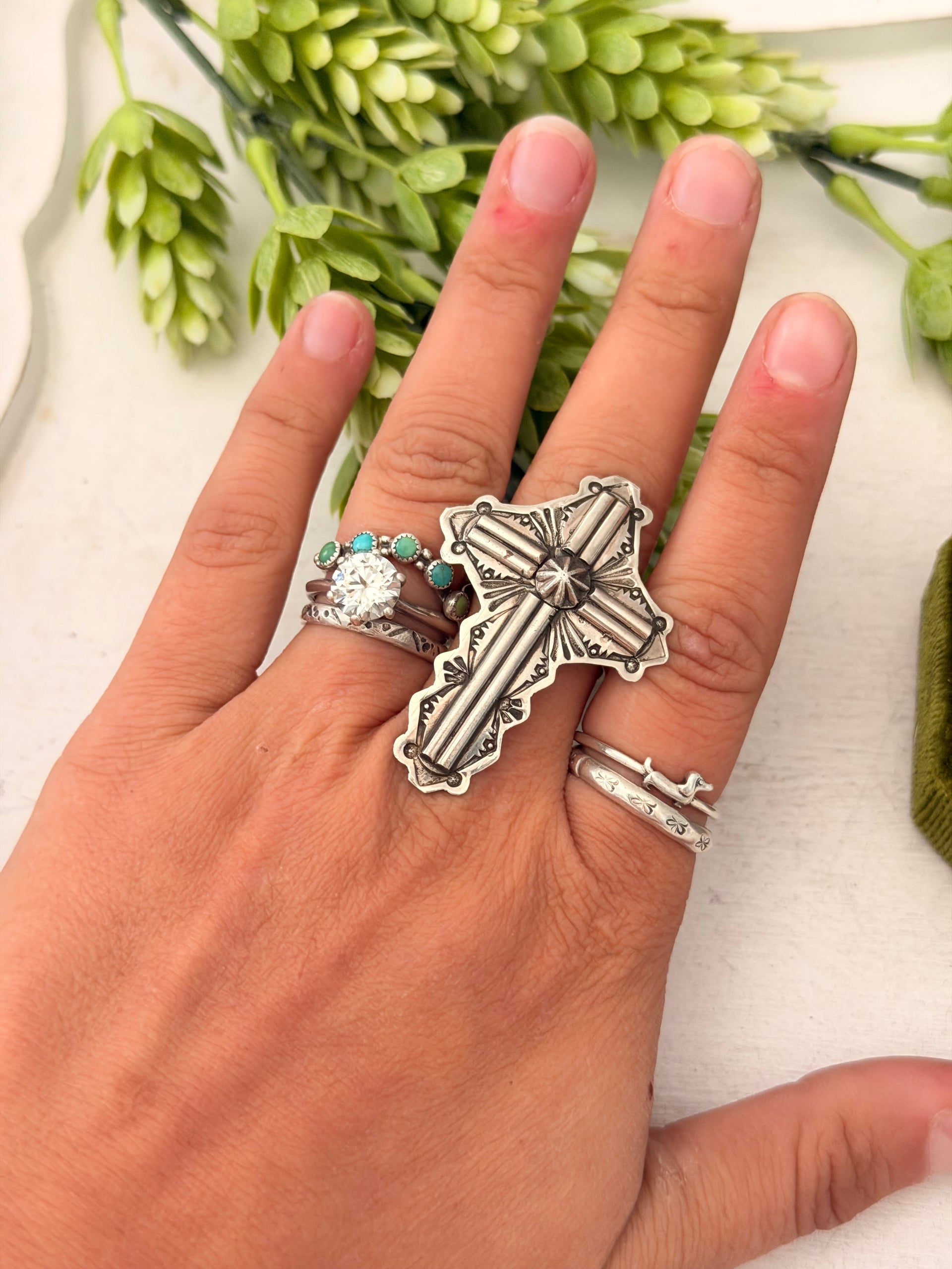 Navajo Made Sterling Silver Cross Adjustable Ring