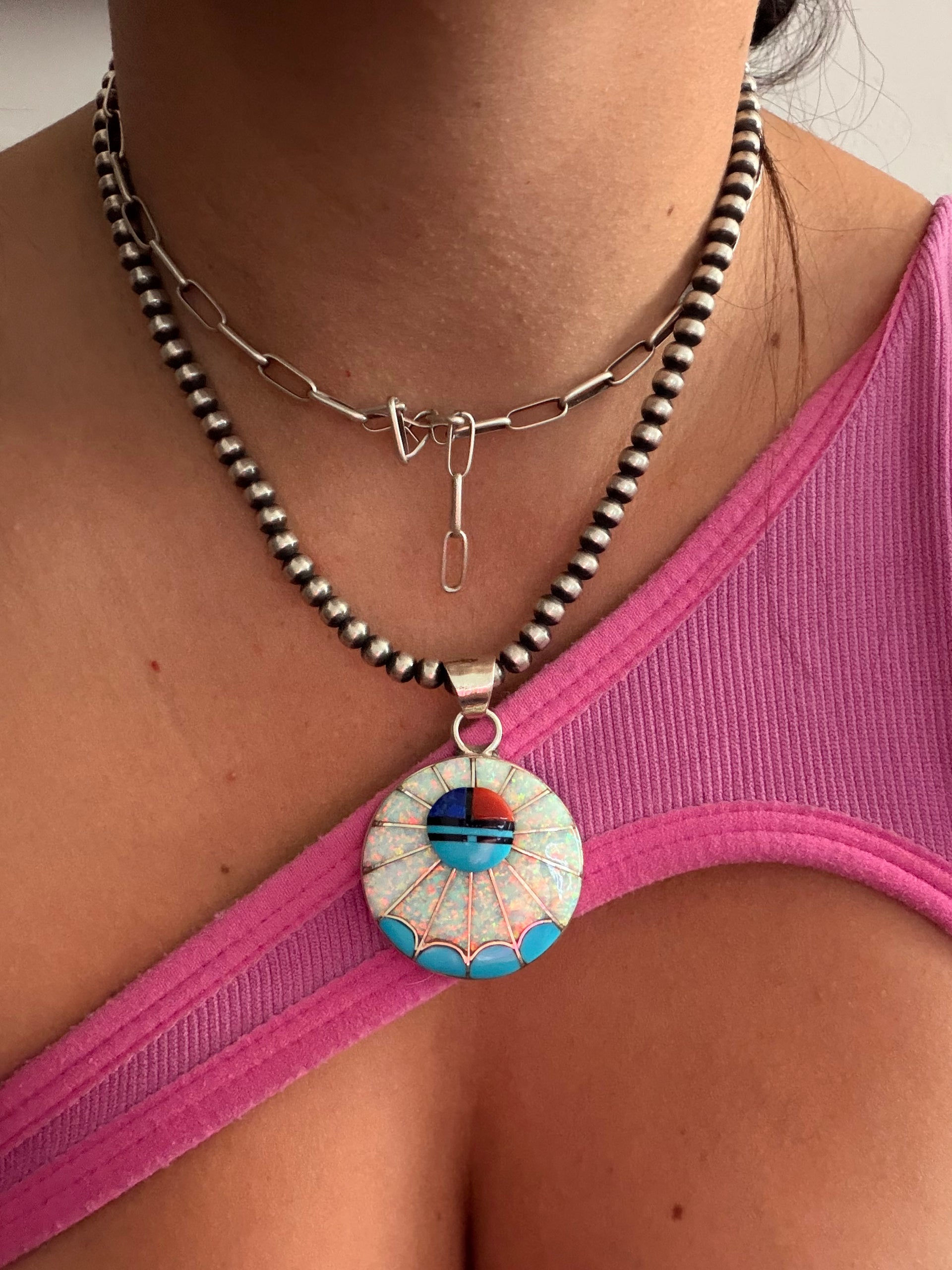 Zuni Made Multi Stone & Sterling Silver Inlay Sunface Pendant