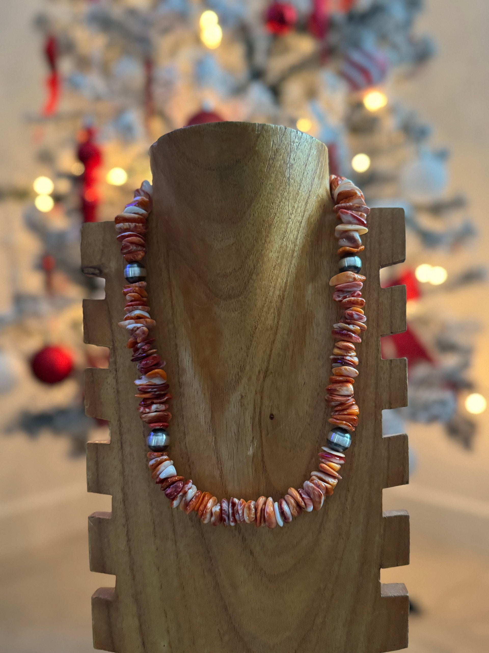 Navajo Strung Red/Orange Spiny Oyster & Sterling Silver Pearl Necklace