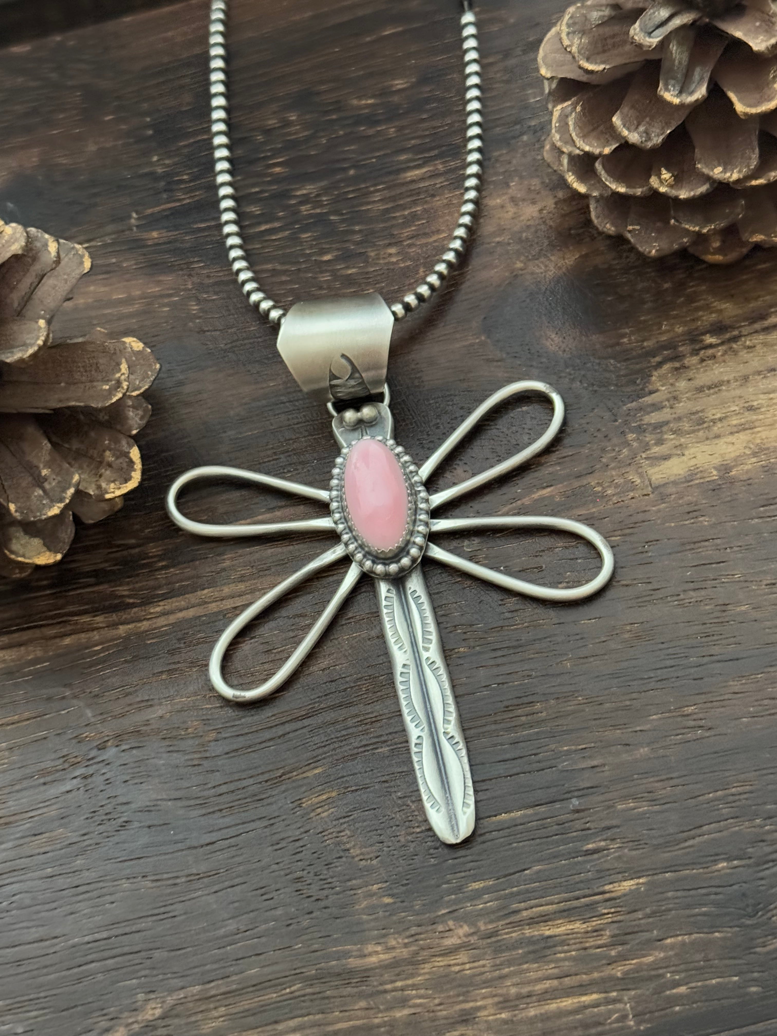 Delbert Secatero Pink Conch & Sterling Silver Dragonfly Pendant