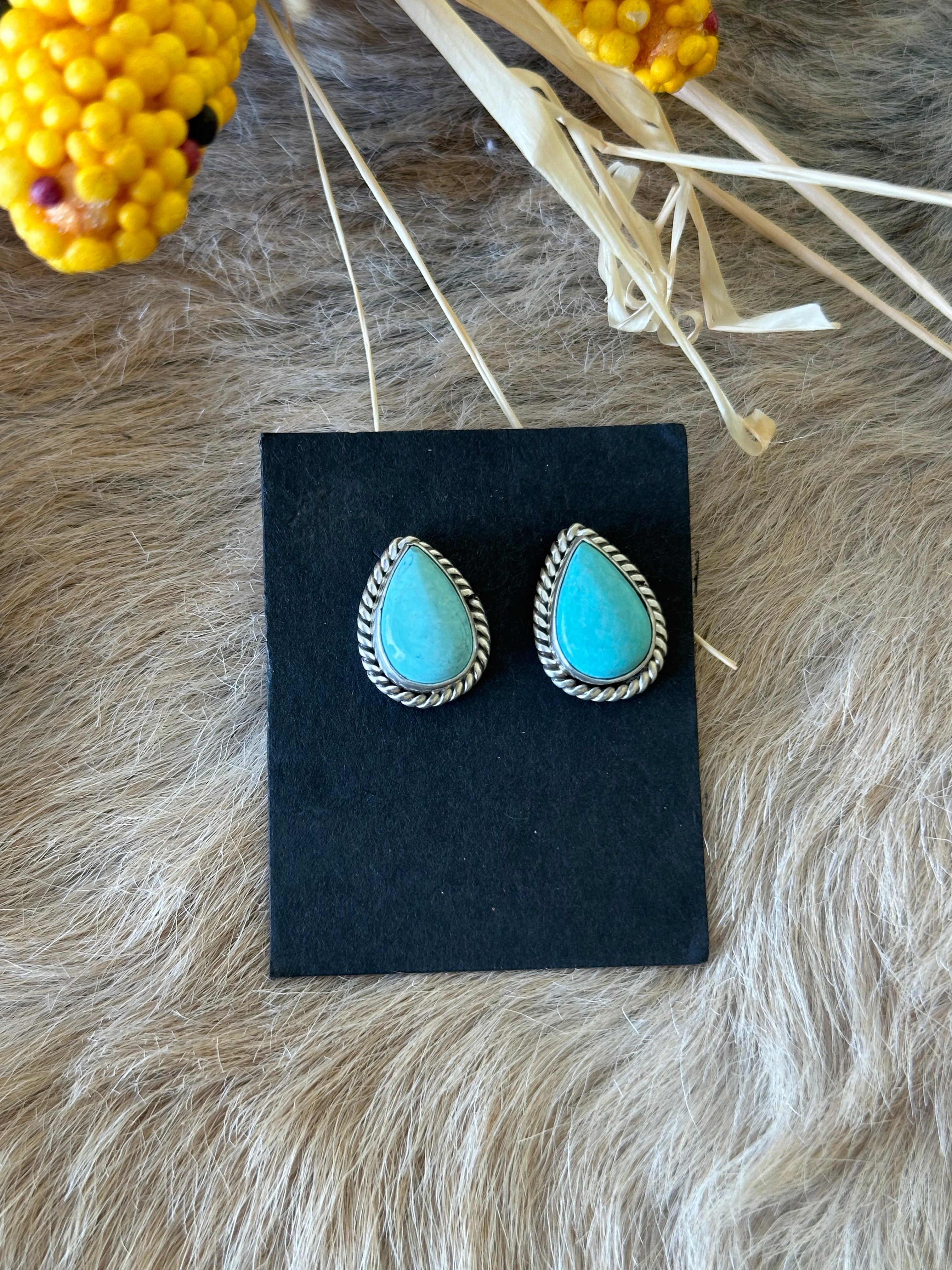 Navajo Made Kingman Turquoise & Sterling Silver Post Earrings