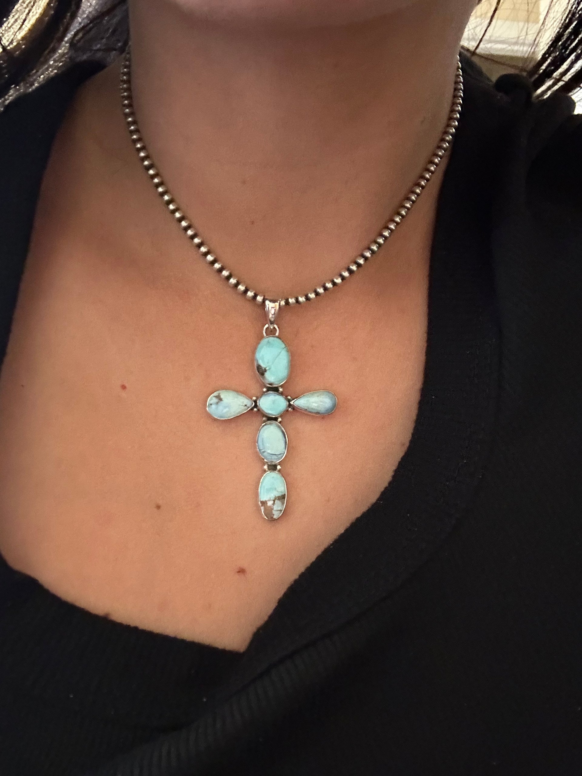 Southwest Handmade Golden Hills Turquoise & Sterling Silver Cross Pendant