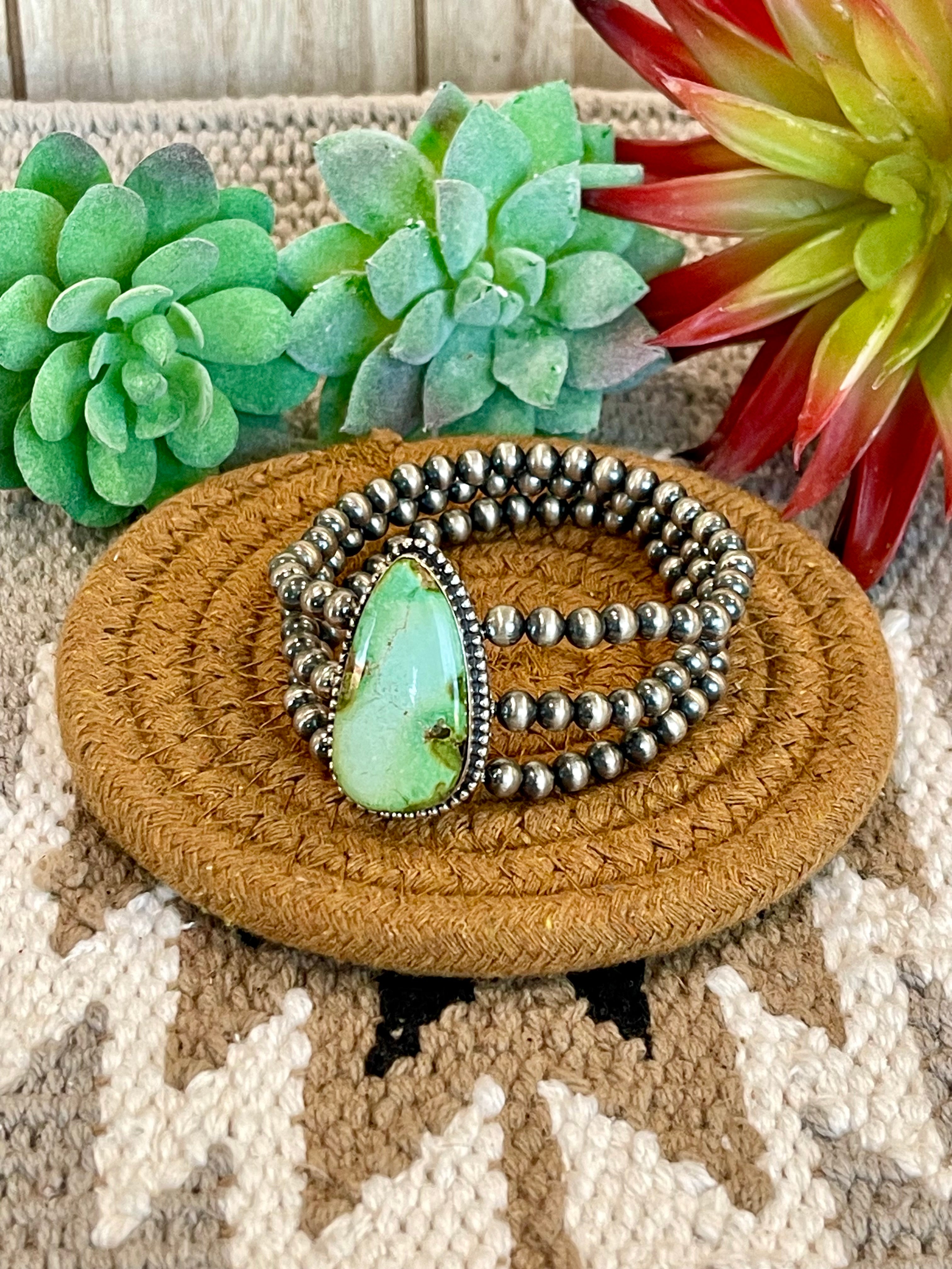 Southwest Handmade Sonoran Mountain Turquoise & Sterling Silver 3 Strand Beaded Stretch Bracelet