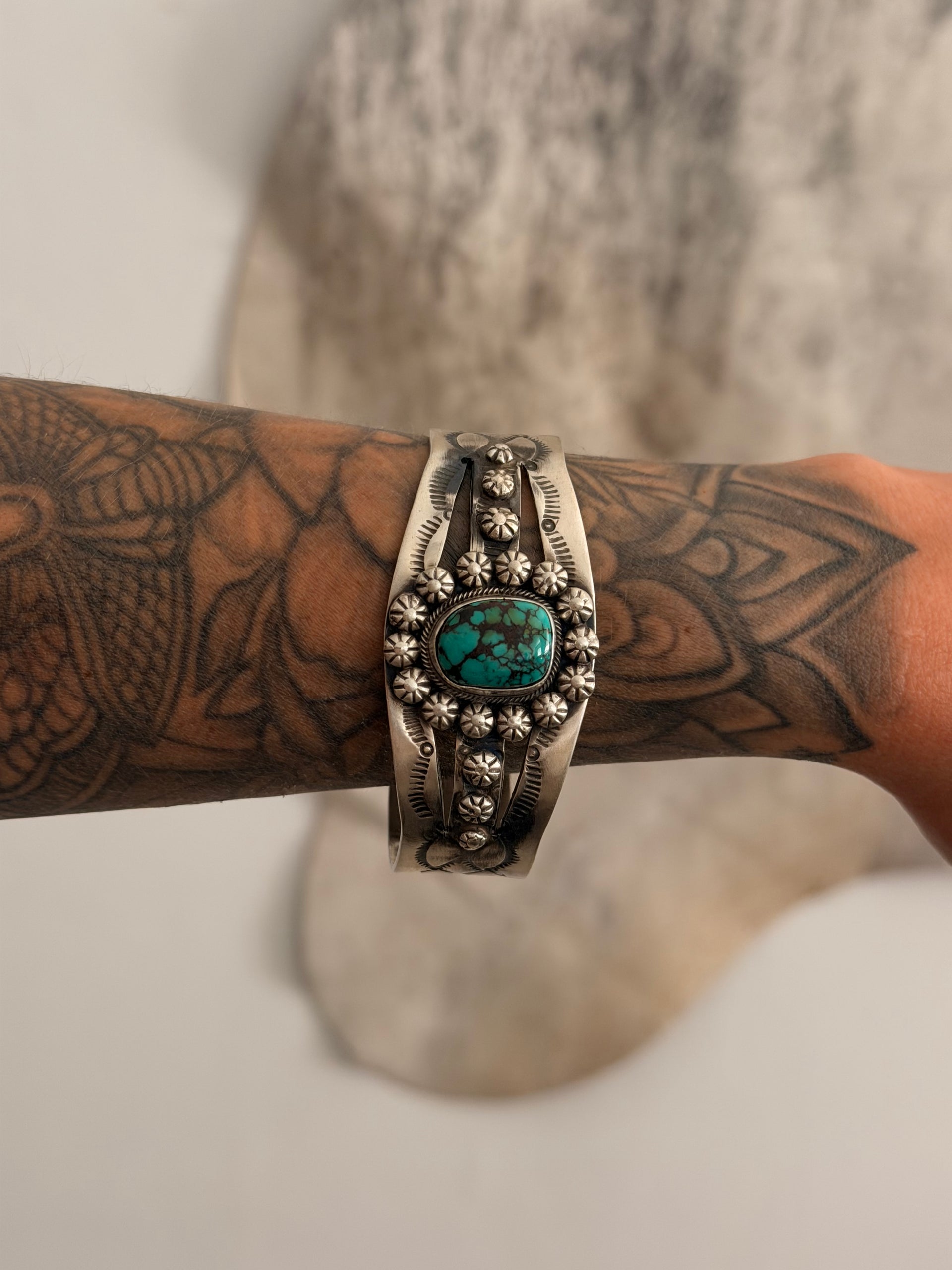 Navajo Made Egyptian Turquoise & Sterling Silver Cuff Bracelet