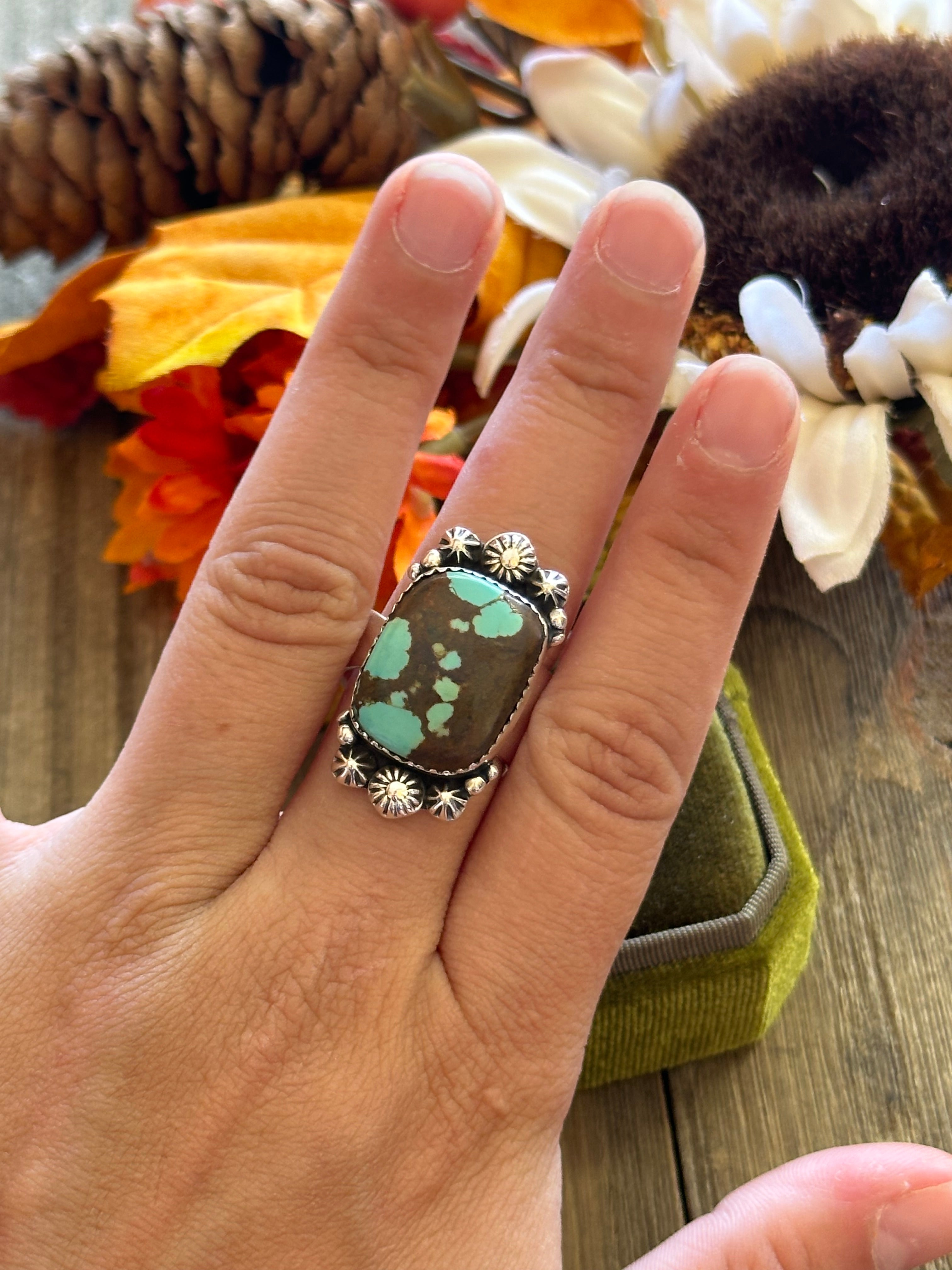 Southwest Handmade #8 Turquoise & Sterling Silver Adjustable Ring