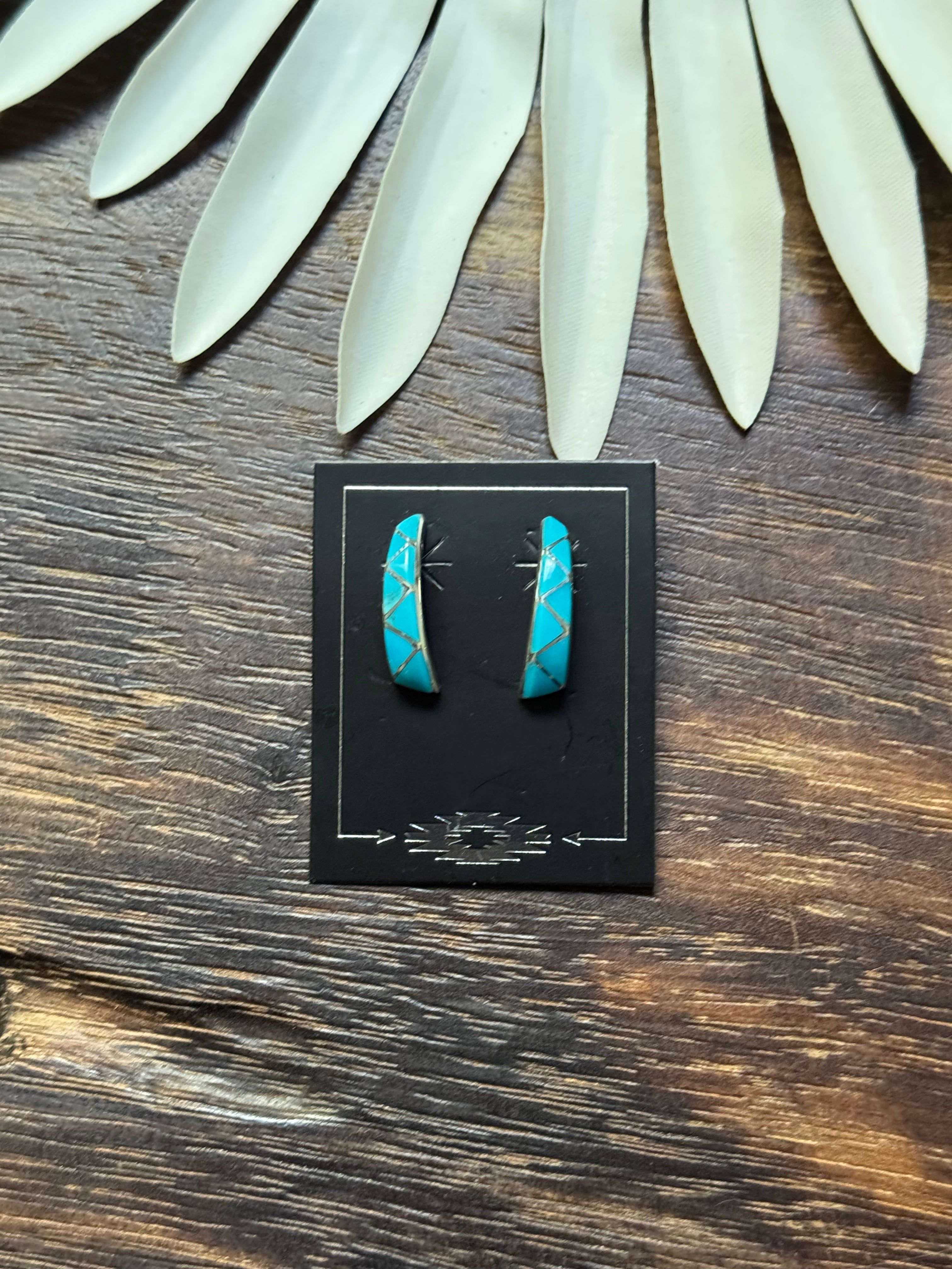 Zuni Made Turquoise & Sterling Silver Inlay Post Dangle Earrings