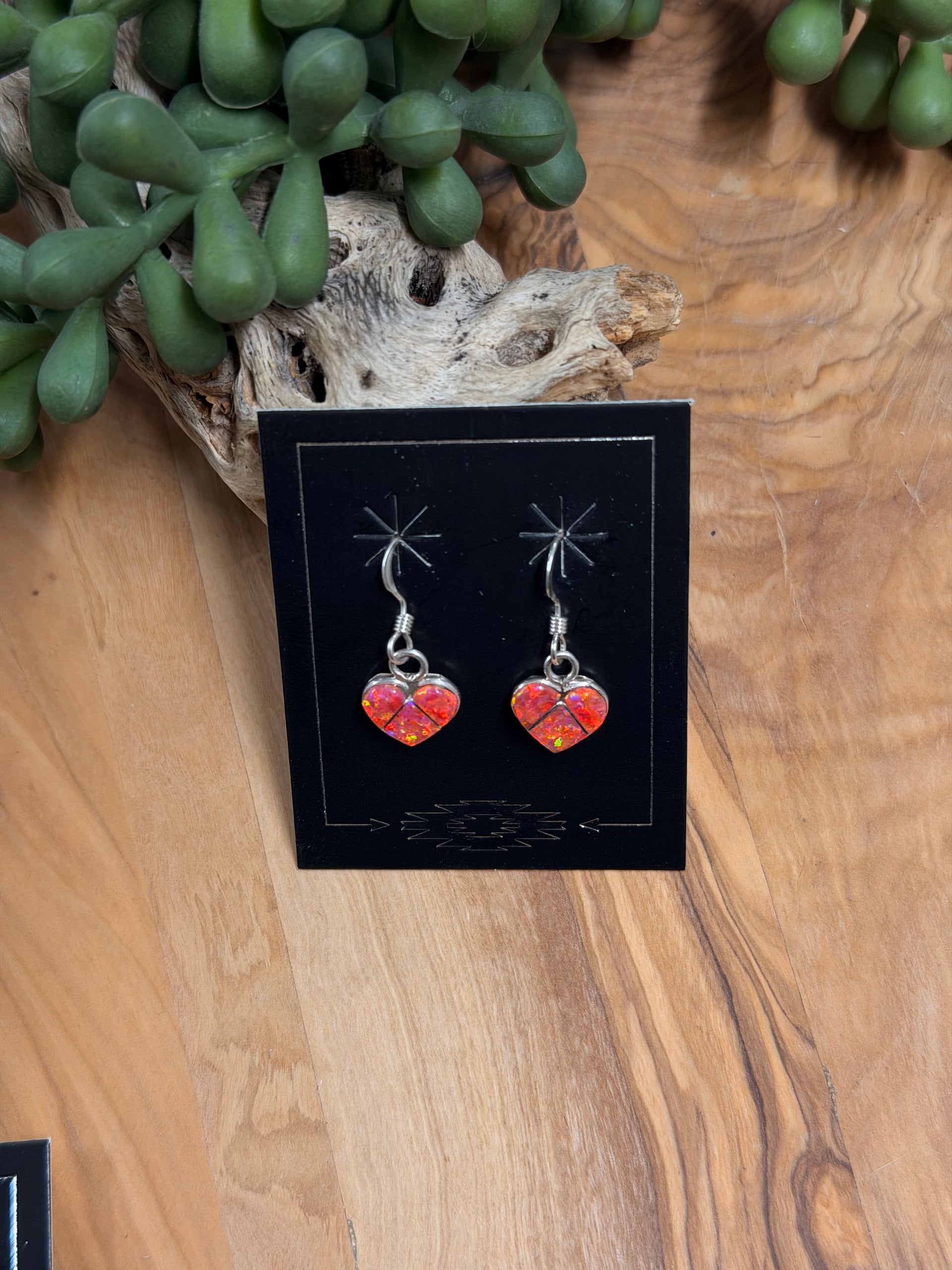 Zuni Made Opal (Man Made) & Sterling Silver Dangle Heart Earrings
