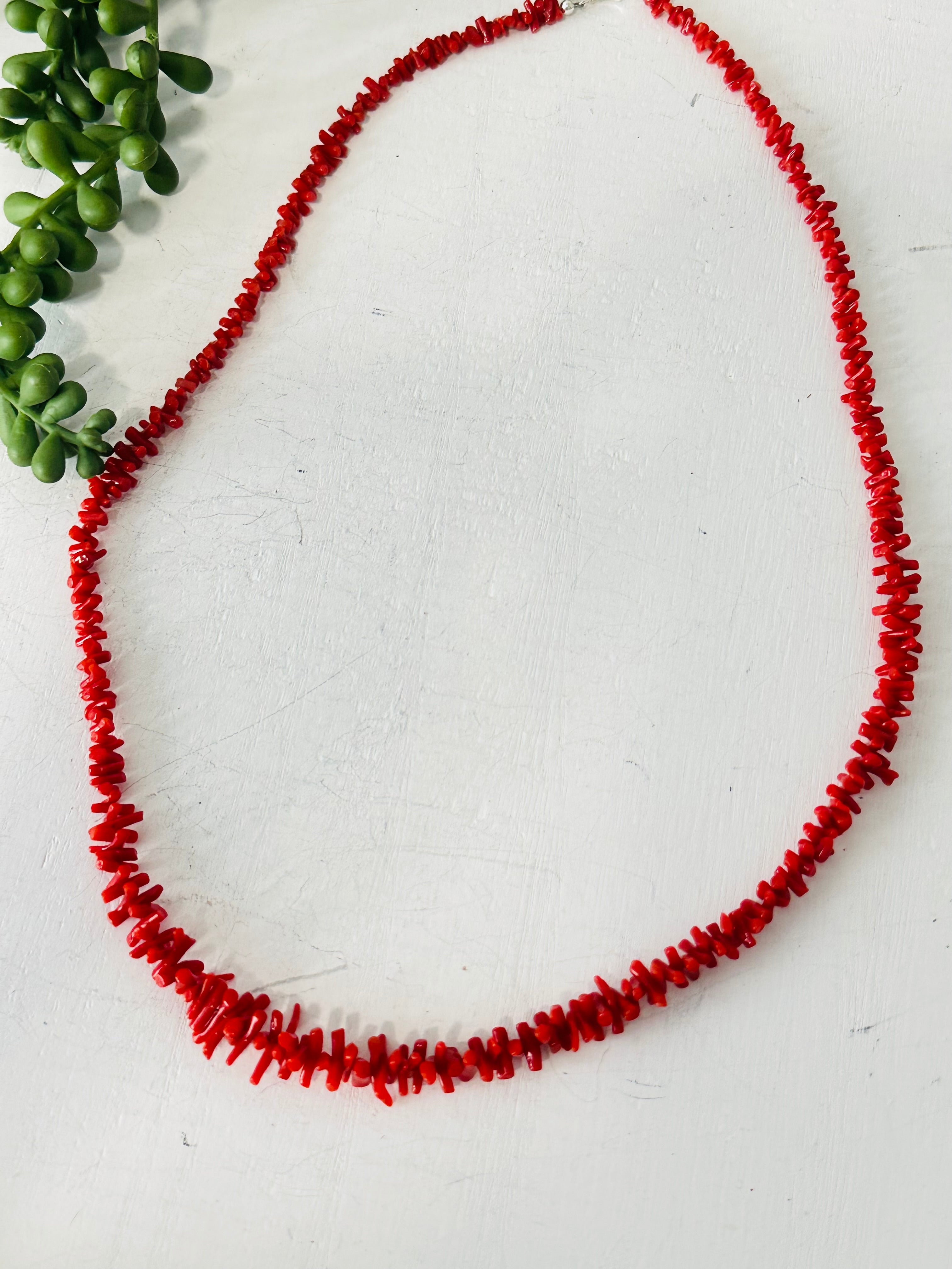 Navajo Strung Red Coral & Sterling Silver Beaded Necklace