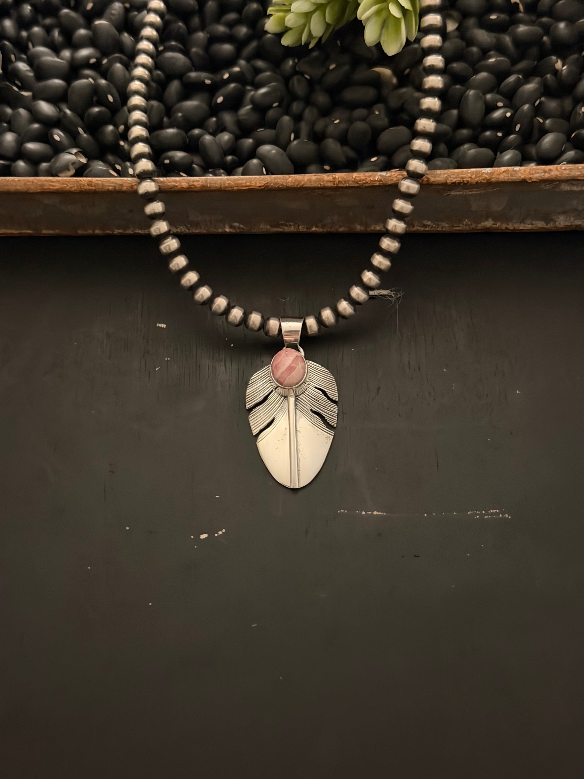 Navajo Made Rhodochrosite & Sterling Silver Feather Pendant