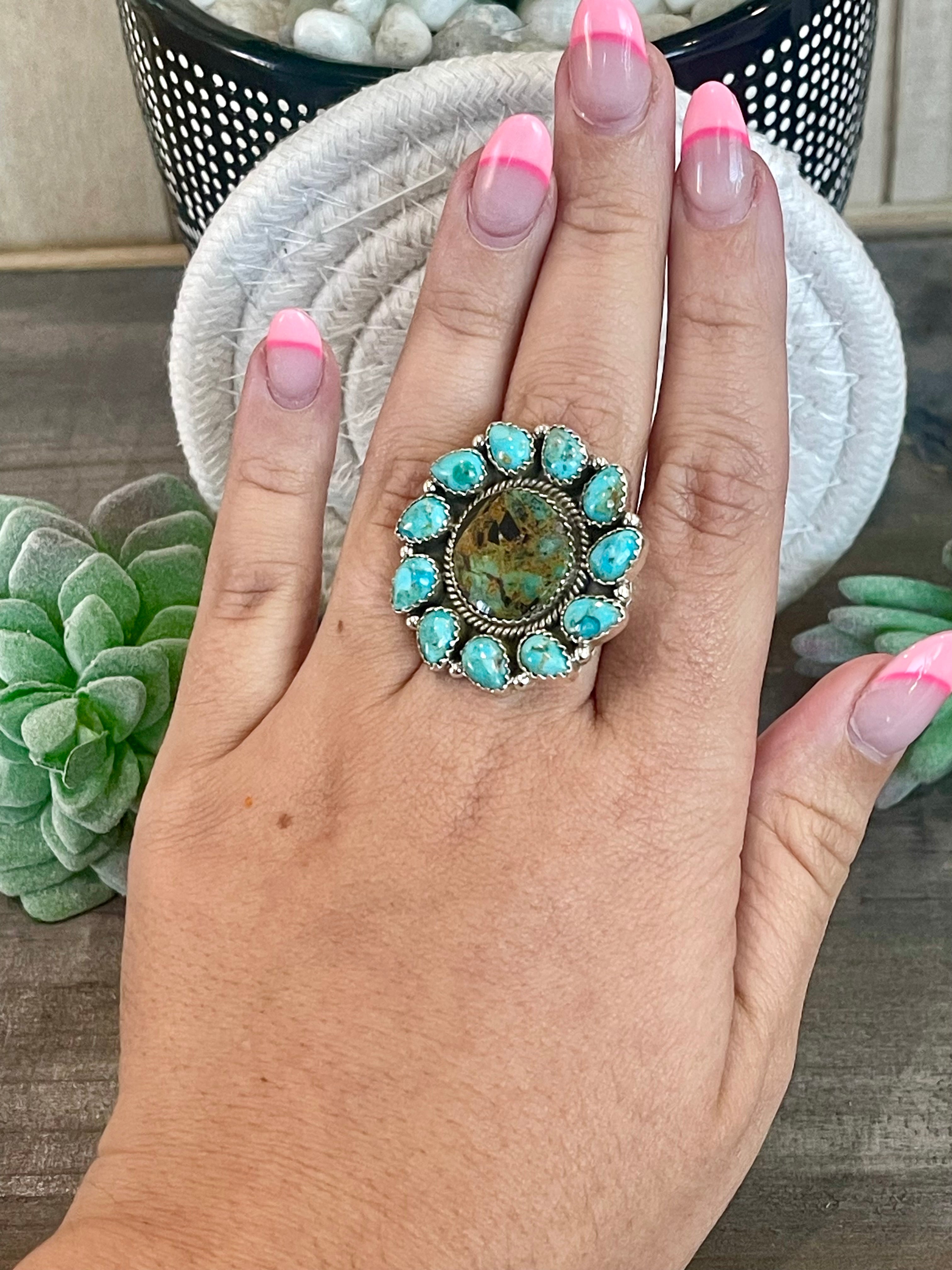 Southwest Handmade BlackJack Turquoise And Kingman Turquoise & Sterling Silver Adjustable Ring