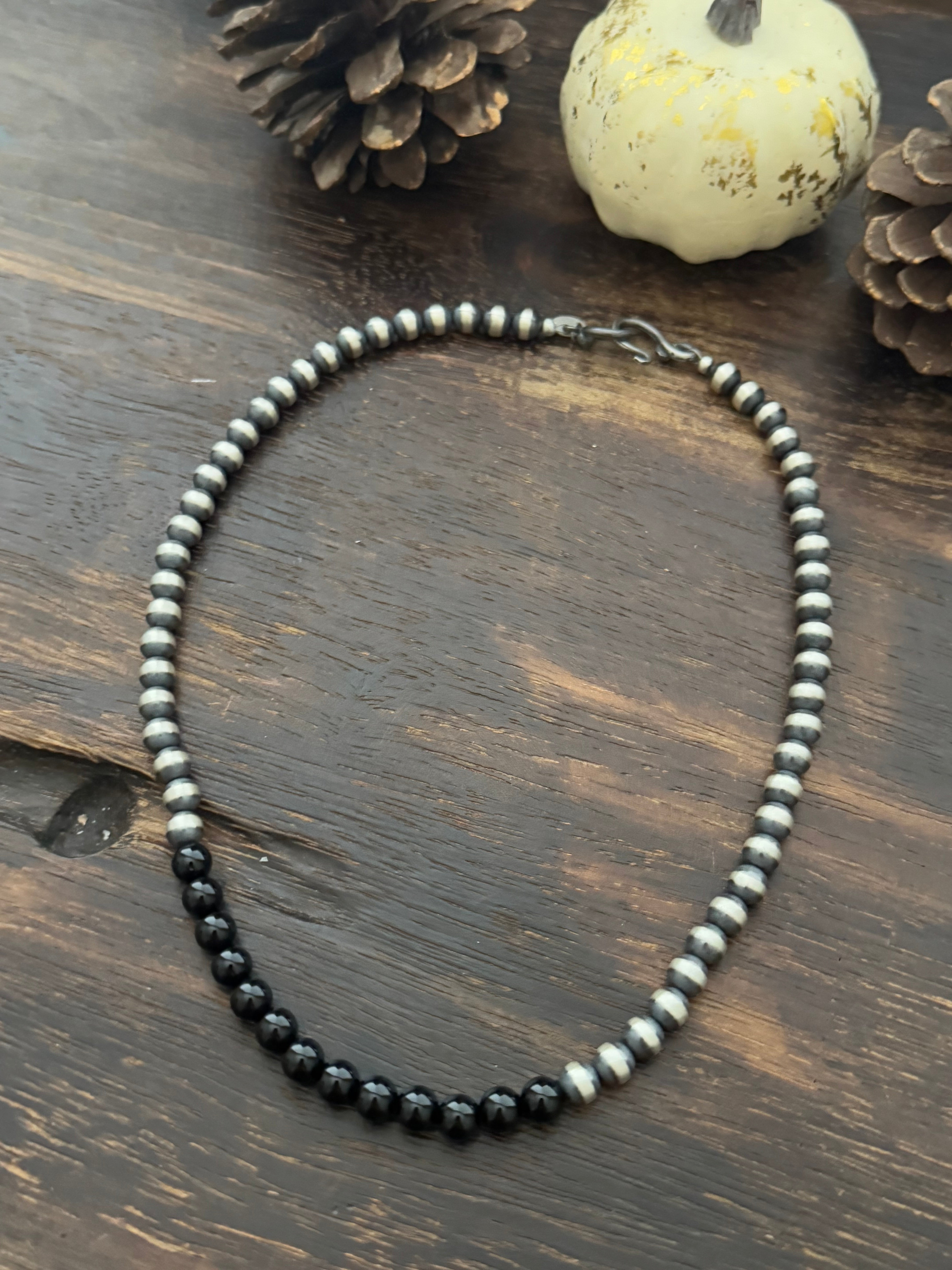 Navajo Strung Onyx & Sterling Silver Pearls Beaded Necklace