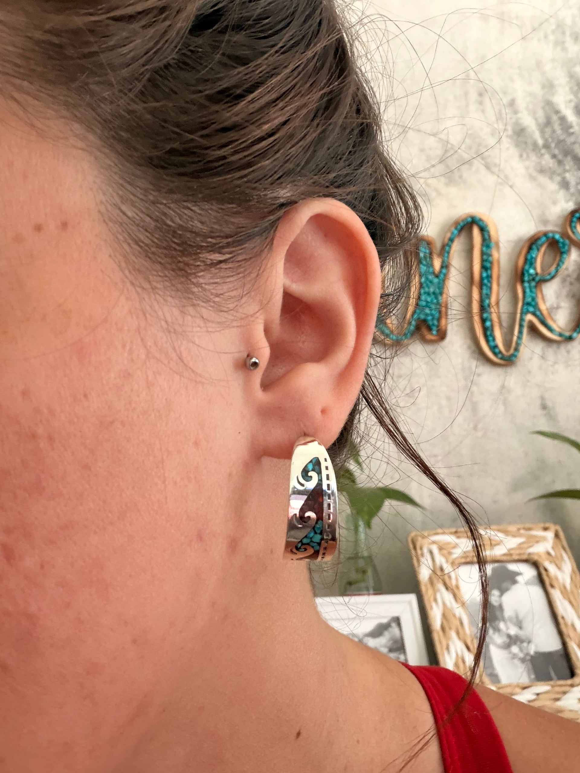 Navajo Made Multi Stone & Sterling Silver Flake Inlay Post Hoop Earrings