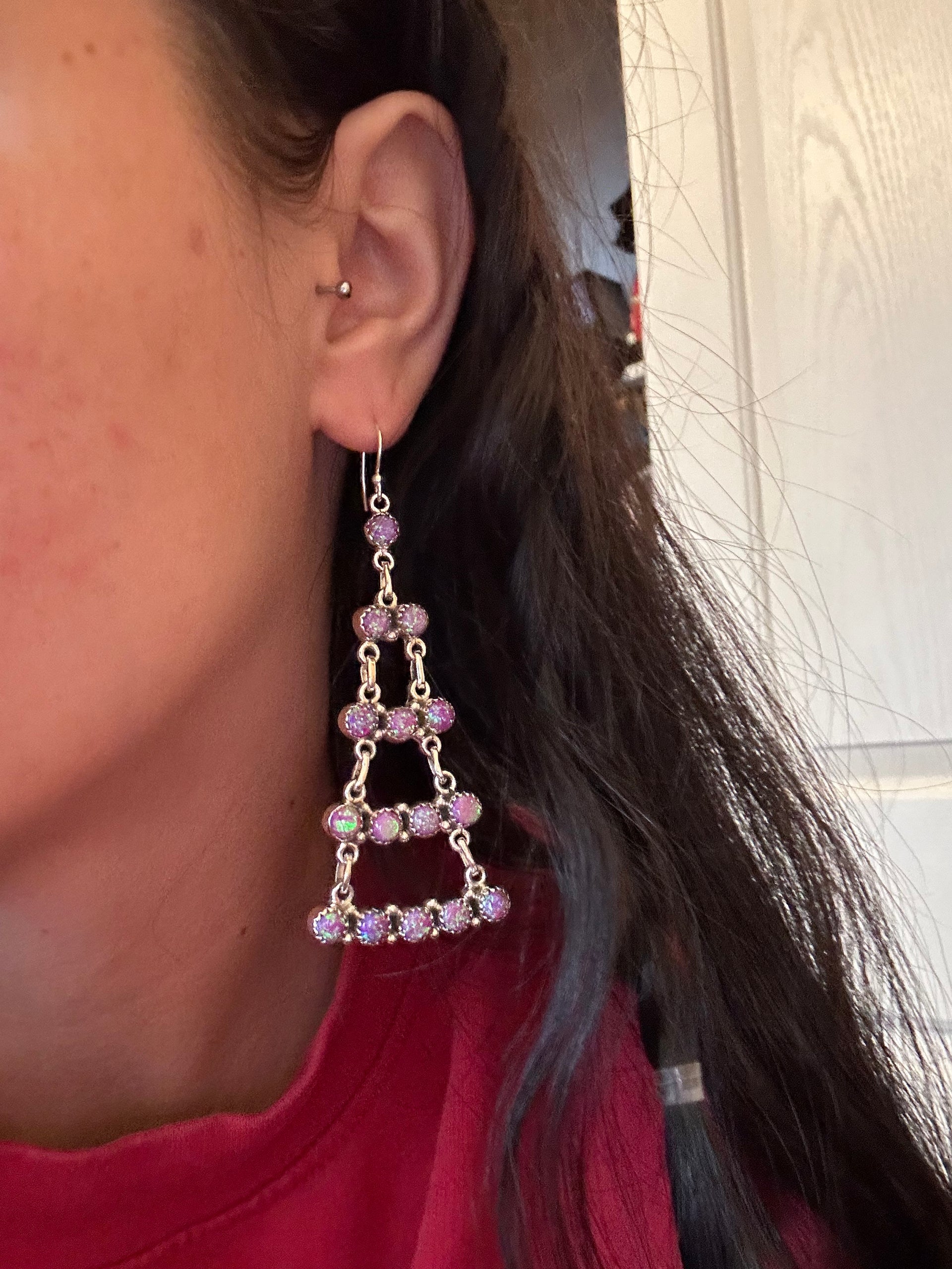 Southwest Handmade Opal & Sterling Silver Dangle Cluster Earrings