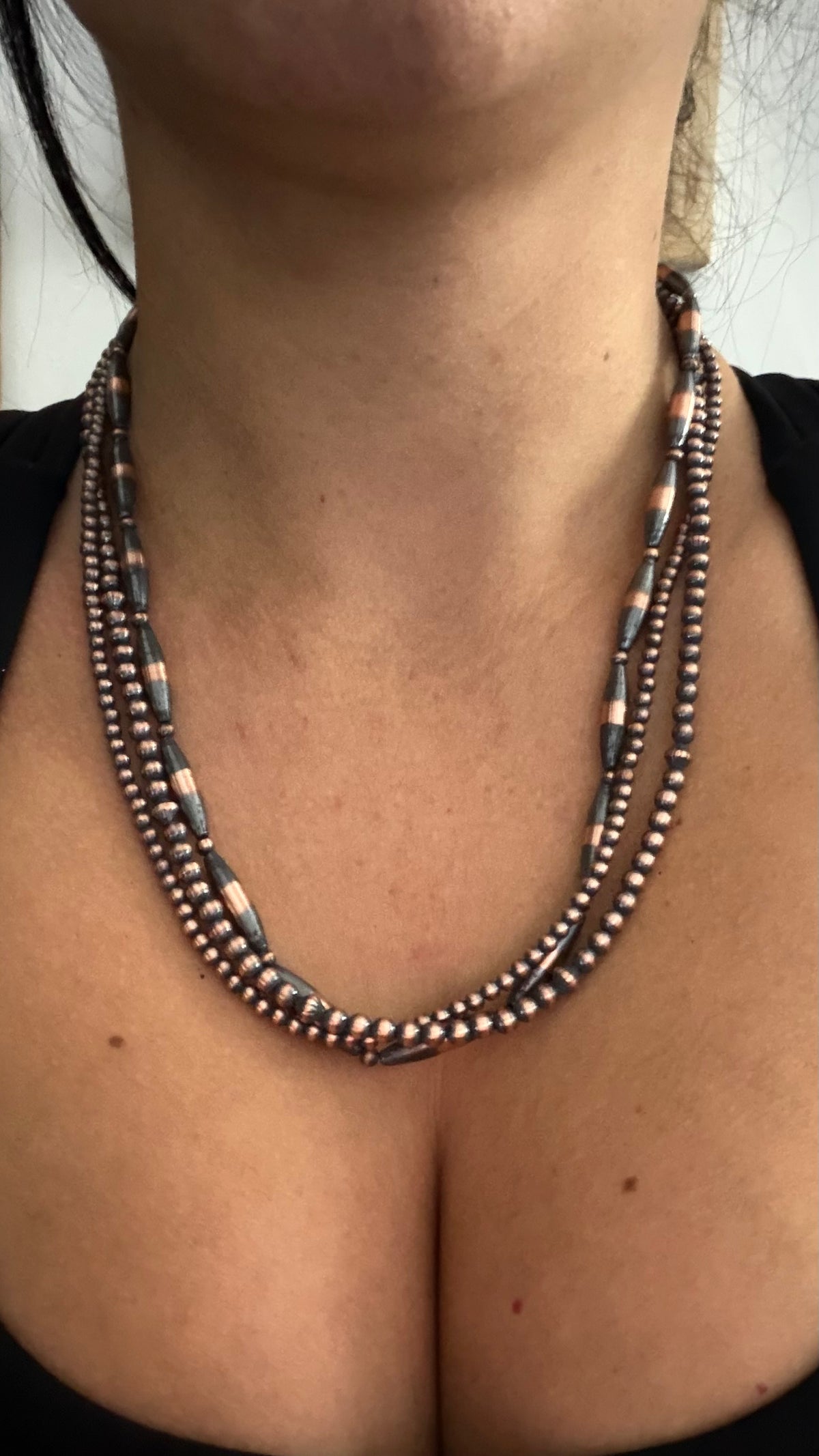 Navajo Strung Copper Machine Made 3 Strand 20” Pearl Necklace